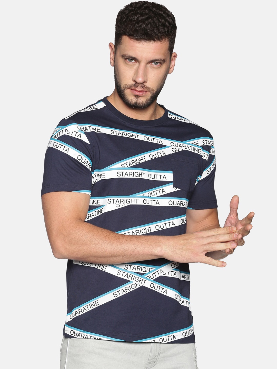 

UrGear Men Navy Blue Striped Round Neck Pure Cotton T-shirt