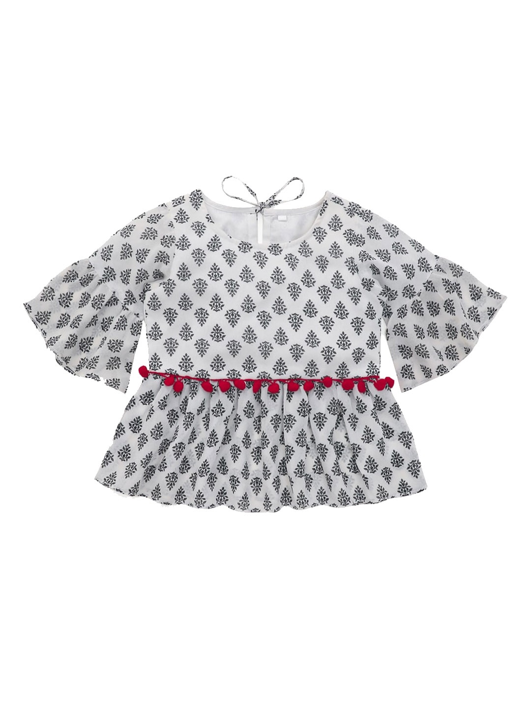 

The Magic Wand White Printed Bell Sleeves Chiffon Peplum Top
