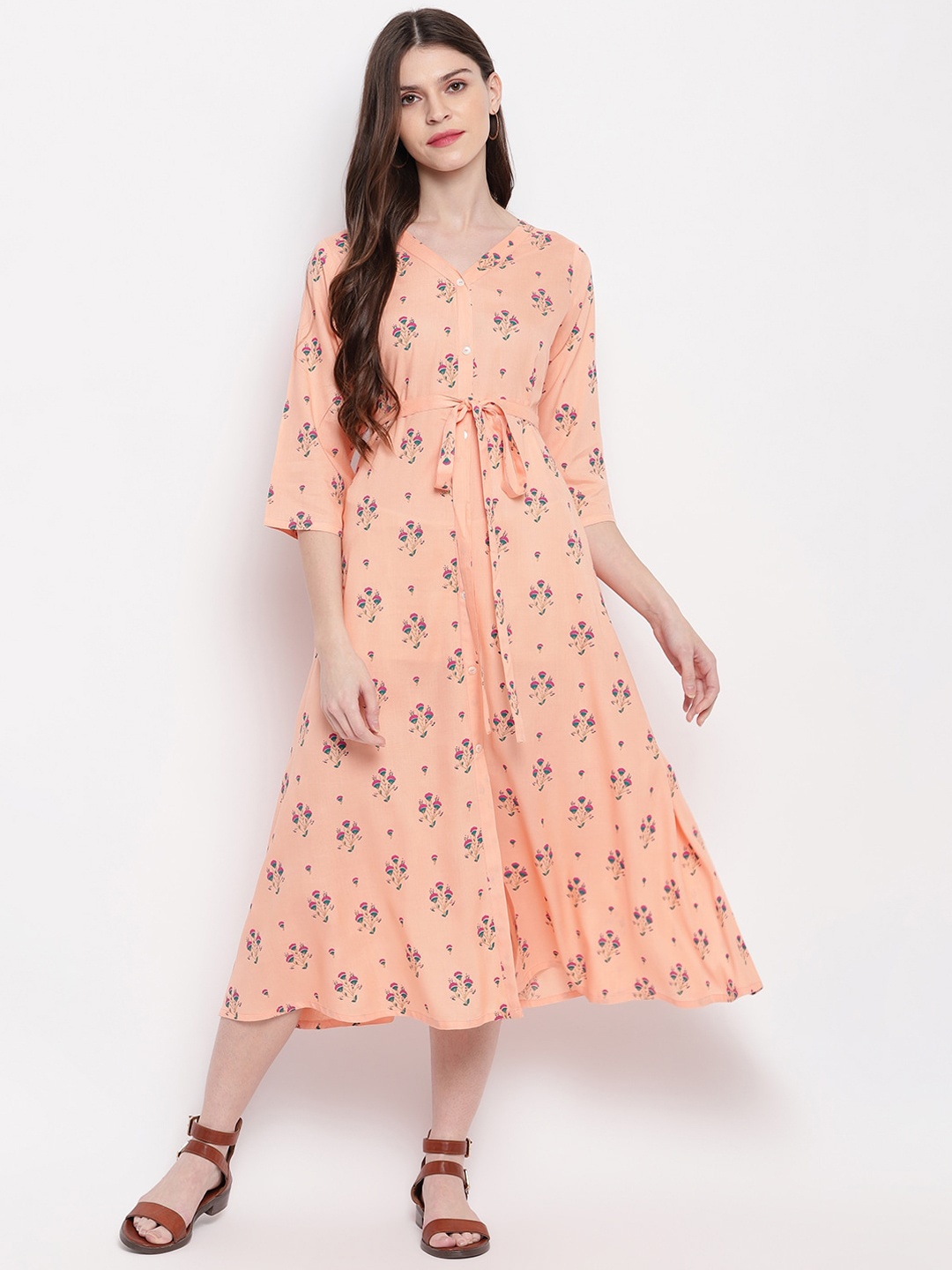 

Janasya Women Peach-Coloured Printed A-Line Dress