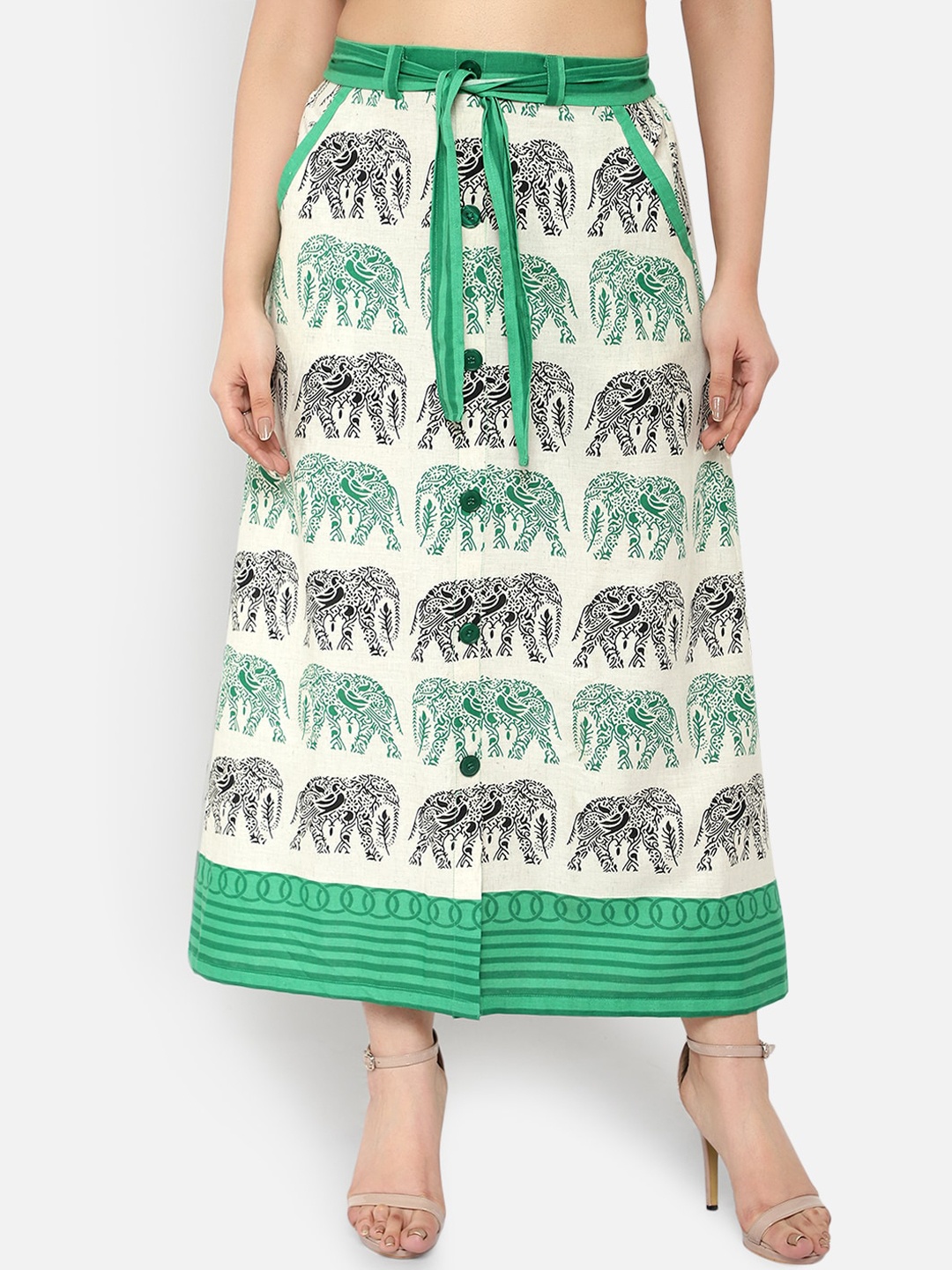Ayaany Women White & Green Printed A-Line Maxi Skirt