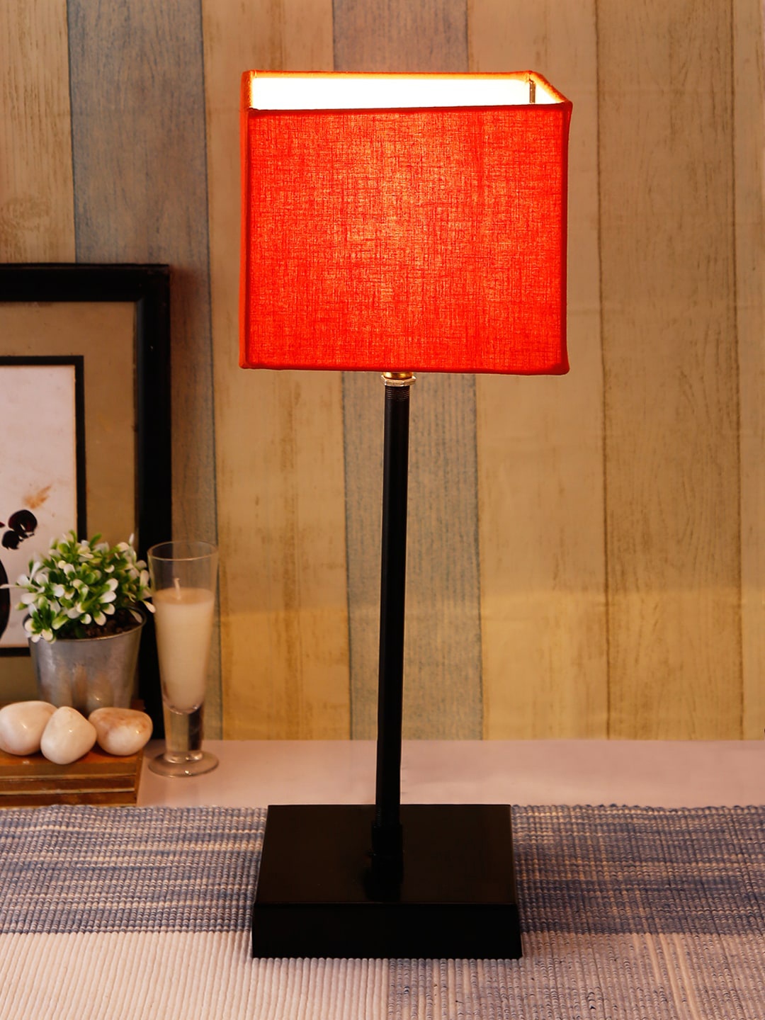 Devansh Orange & Black Solid Handcrafted Square Table Lamp