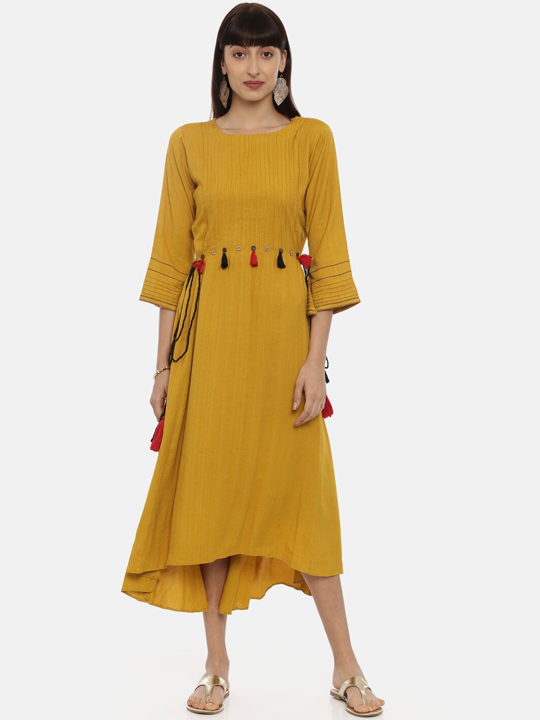 

Neerus Women Mustard Yellow Striped Fit and Flare Dress