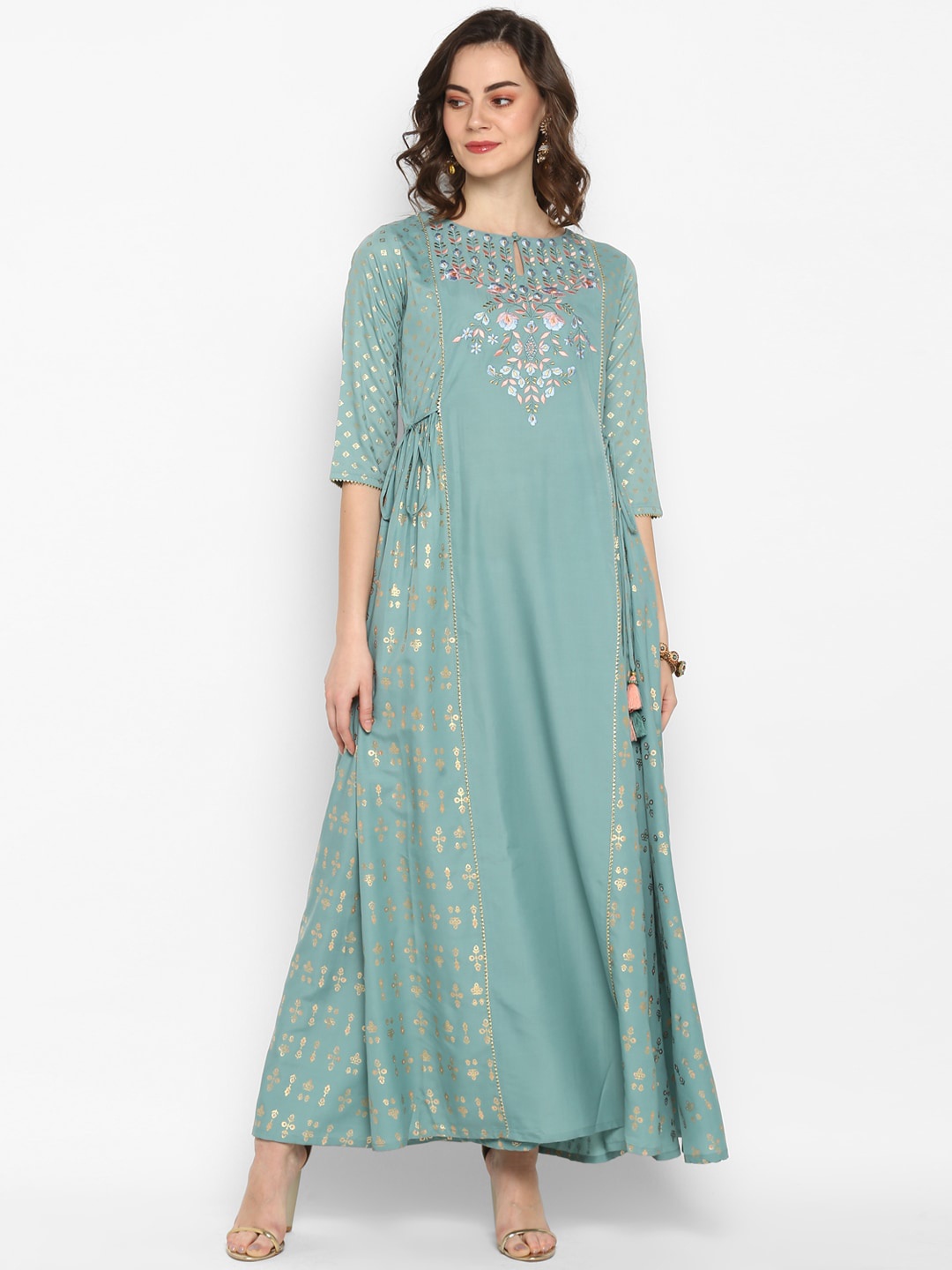

Janasya Women Green Embroidered Maxi Dress