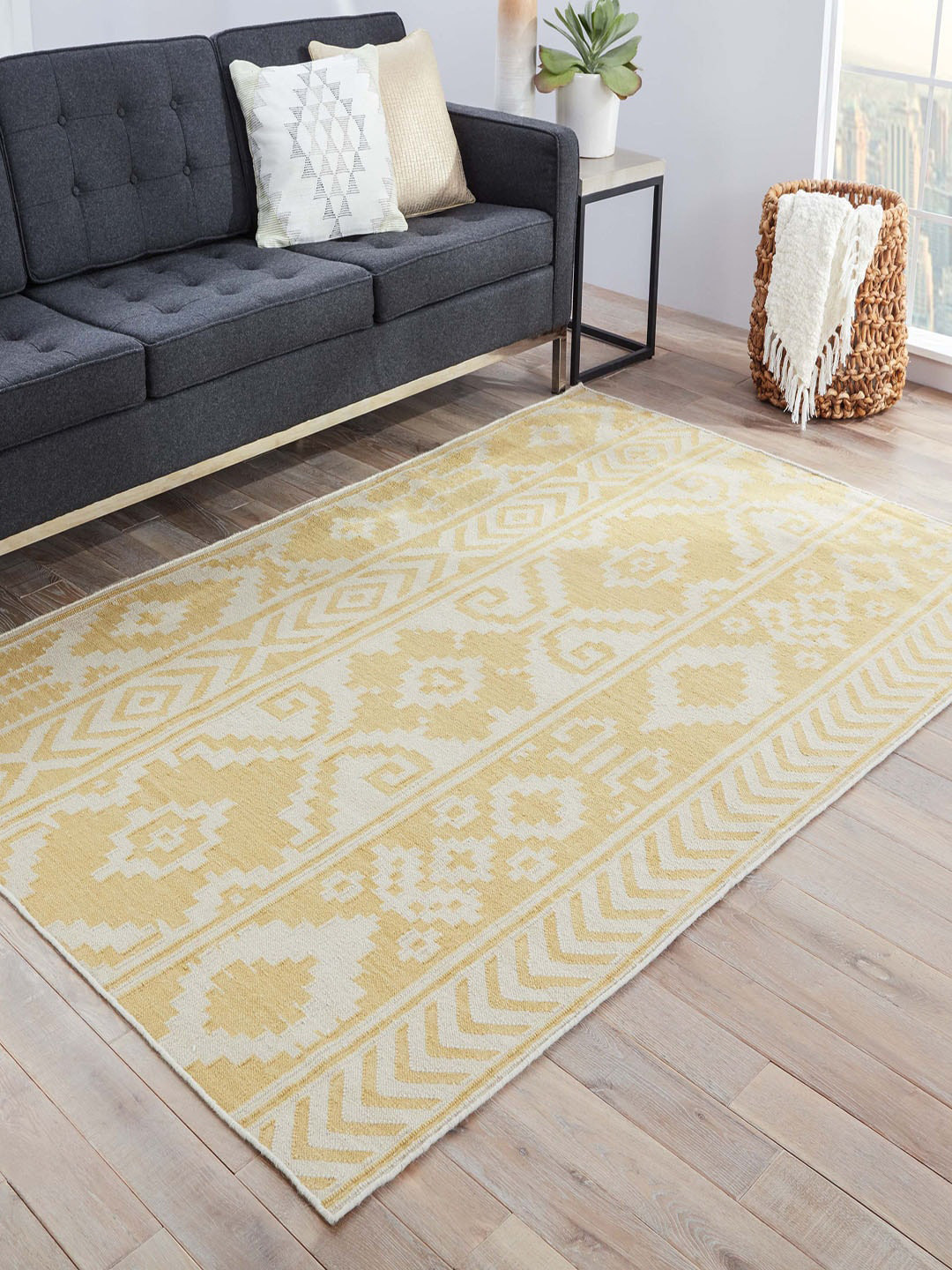 

Jaipur Rugs Off White & Yellow Ethnic Motifs Hand-Tufted Pure Wool Heavy Carpet