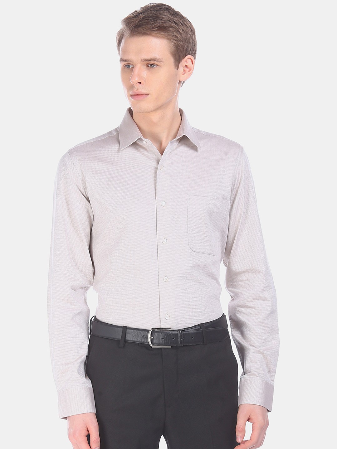 

Arrow Men Beige & Grey Regular Fit Self Design Formal Shirt