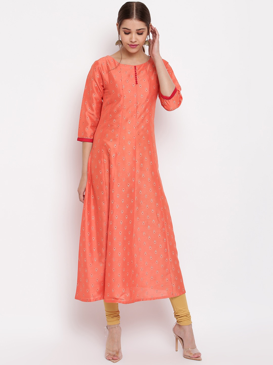 

Janasya Women Peach-Coloured Floral Kurta