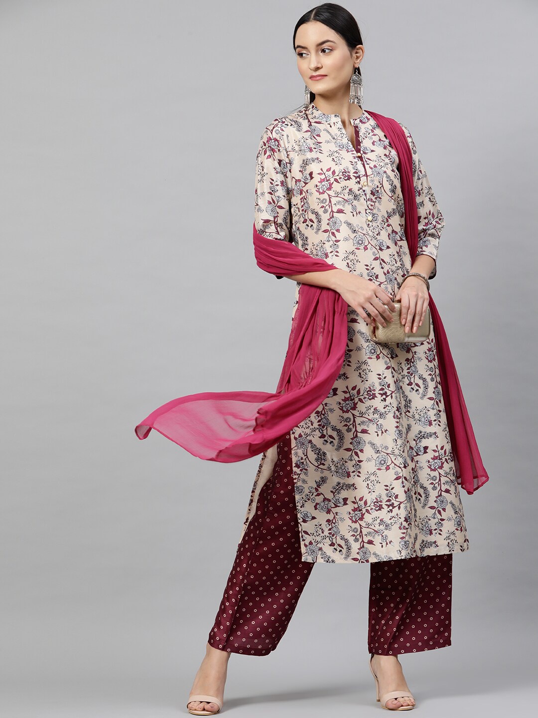 

STREET 9 Women Beige & Magenta Printed Kurta with Palazzos & Dupatta