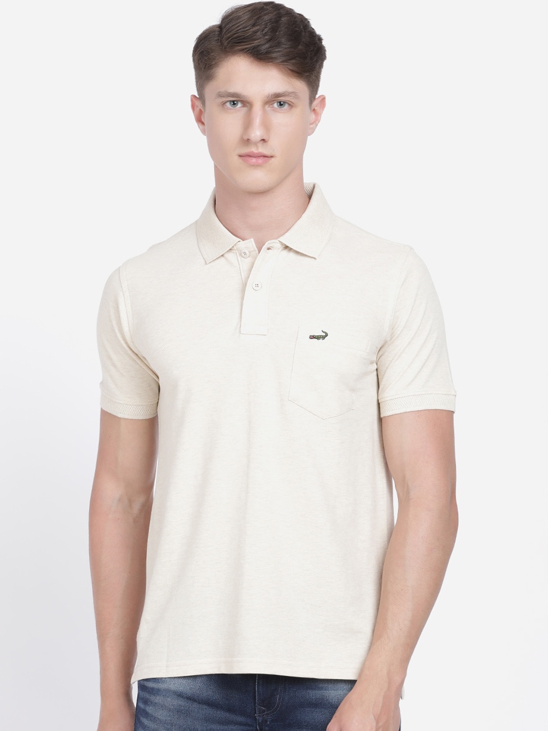 

Crocodile Men Cream-Coloured Solid Polo Collar T-shirt