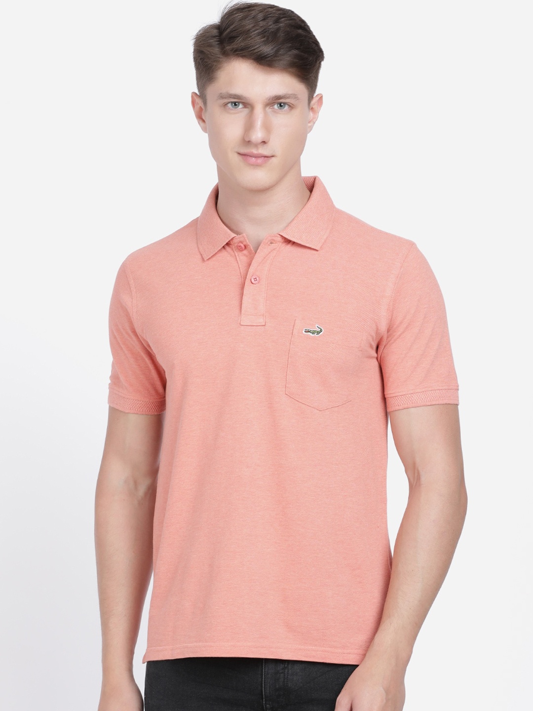 

Crocodile Men Peach-Coloured Solid Polo Collar T-shirt