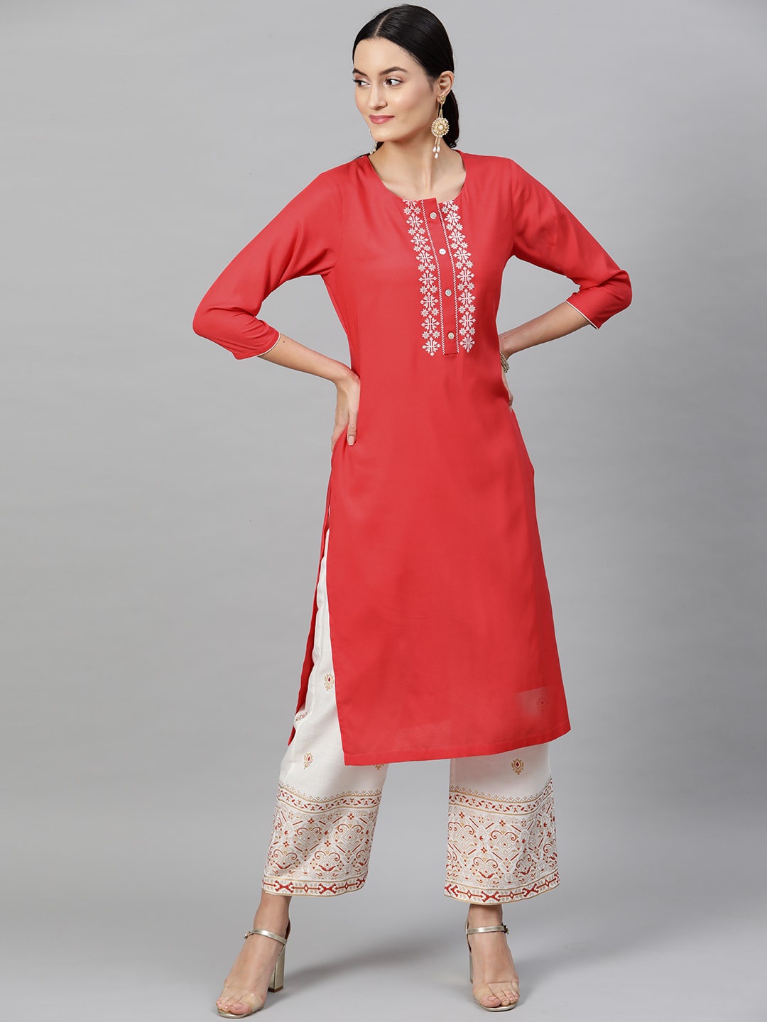 

STREET 9 Women Red & White Embroidered Kurta with Palazzos