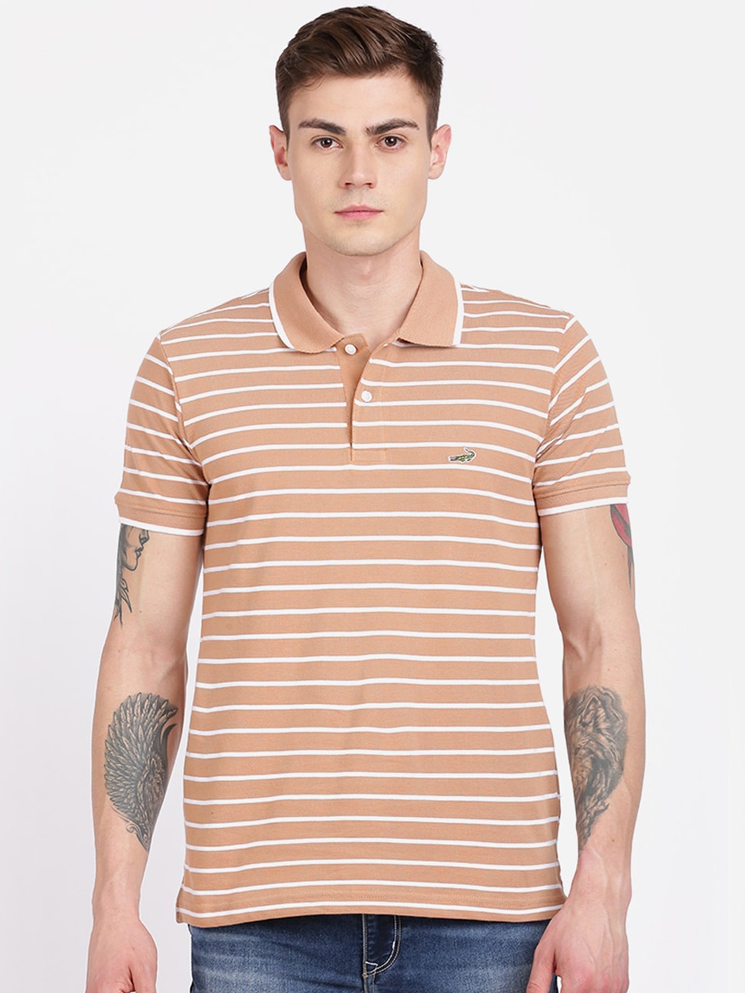 

Crocodile Men Brown & White Striped Polo Collar T-shirt