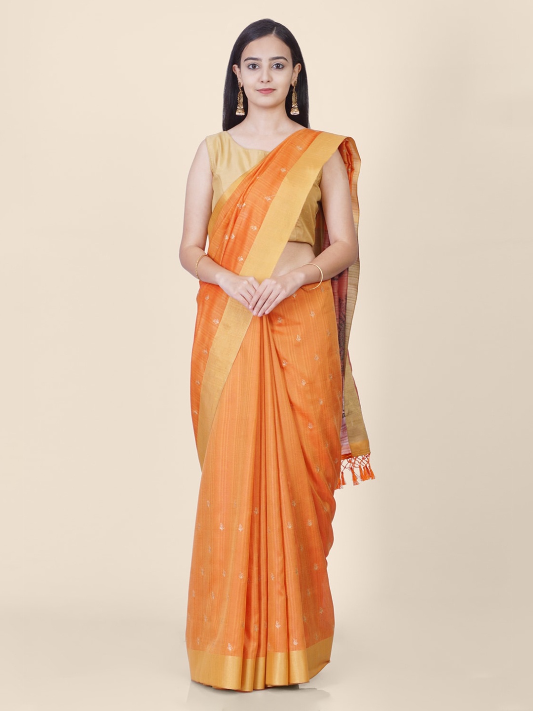 

Hastakala Orange Poly Silk Embroidered Banarasi Saree With Tasseled Pallu