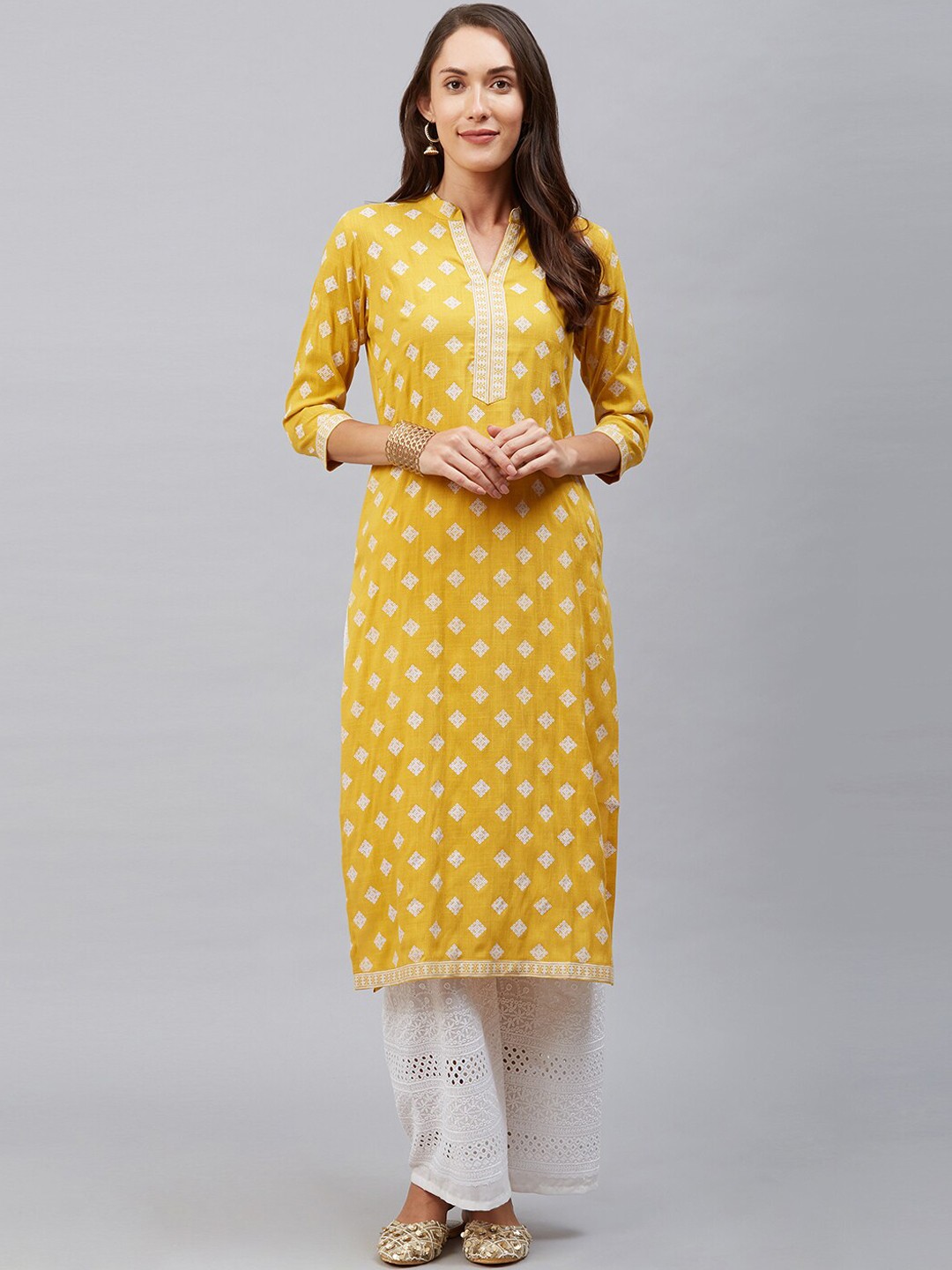 

SANISA Yellow Geometric Printed Pure Cotton Khadi Kurta