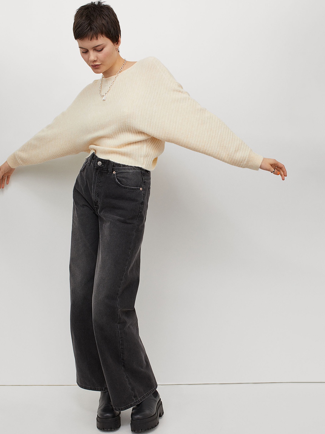 

H&M Women Beige Self Design Twist-detail Jumper