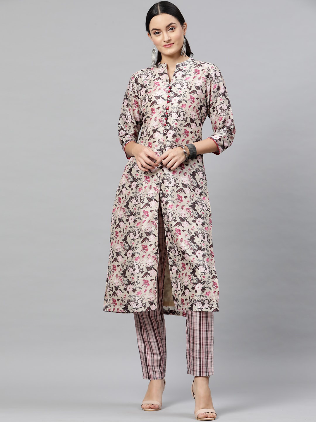 

STREET 9 Women Peach-Coloured Printed Kurta with Trousers