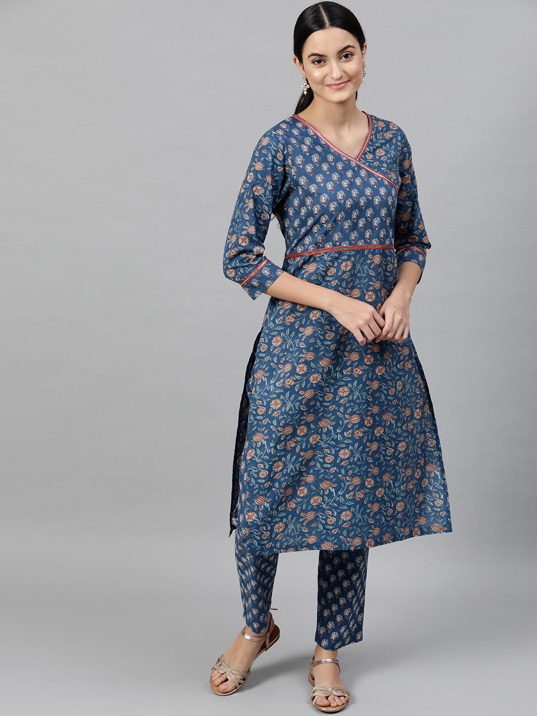 STREET 9 Women Blue Printed Kurta with Trousers