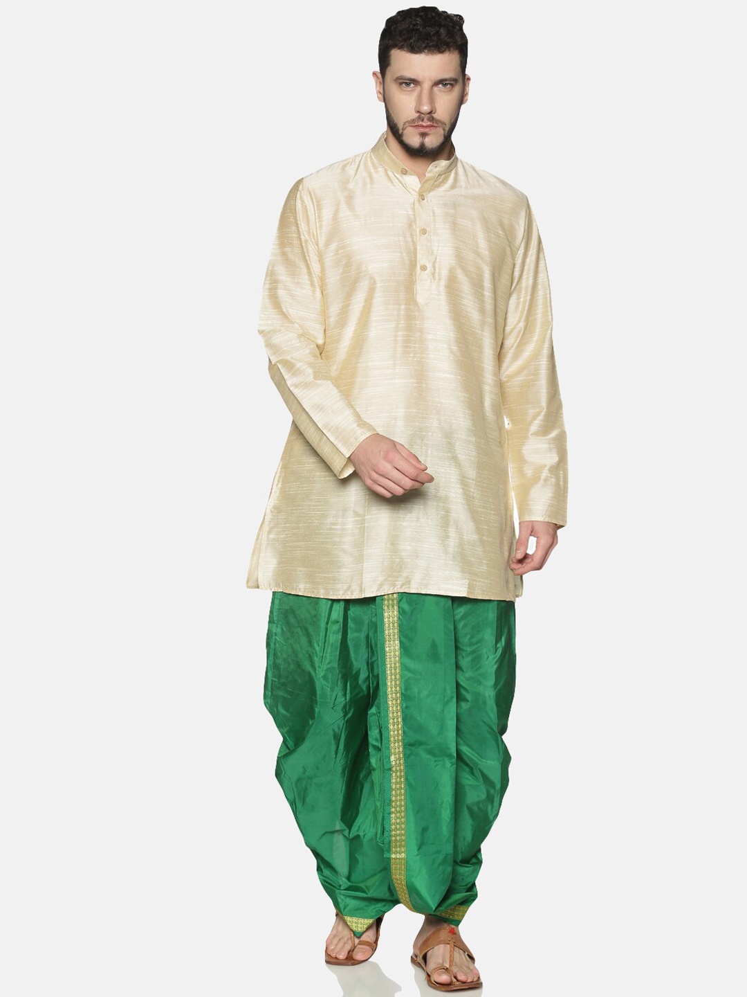 

TATTVA Men Beige & Green Solid Kurta with Dhoti Pants