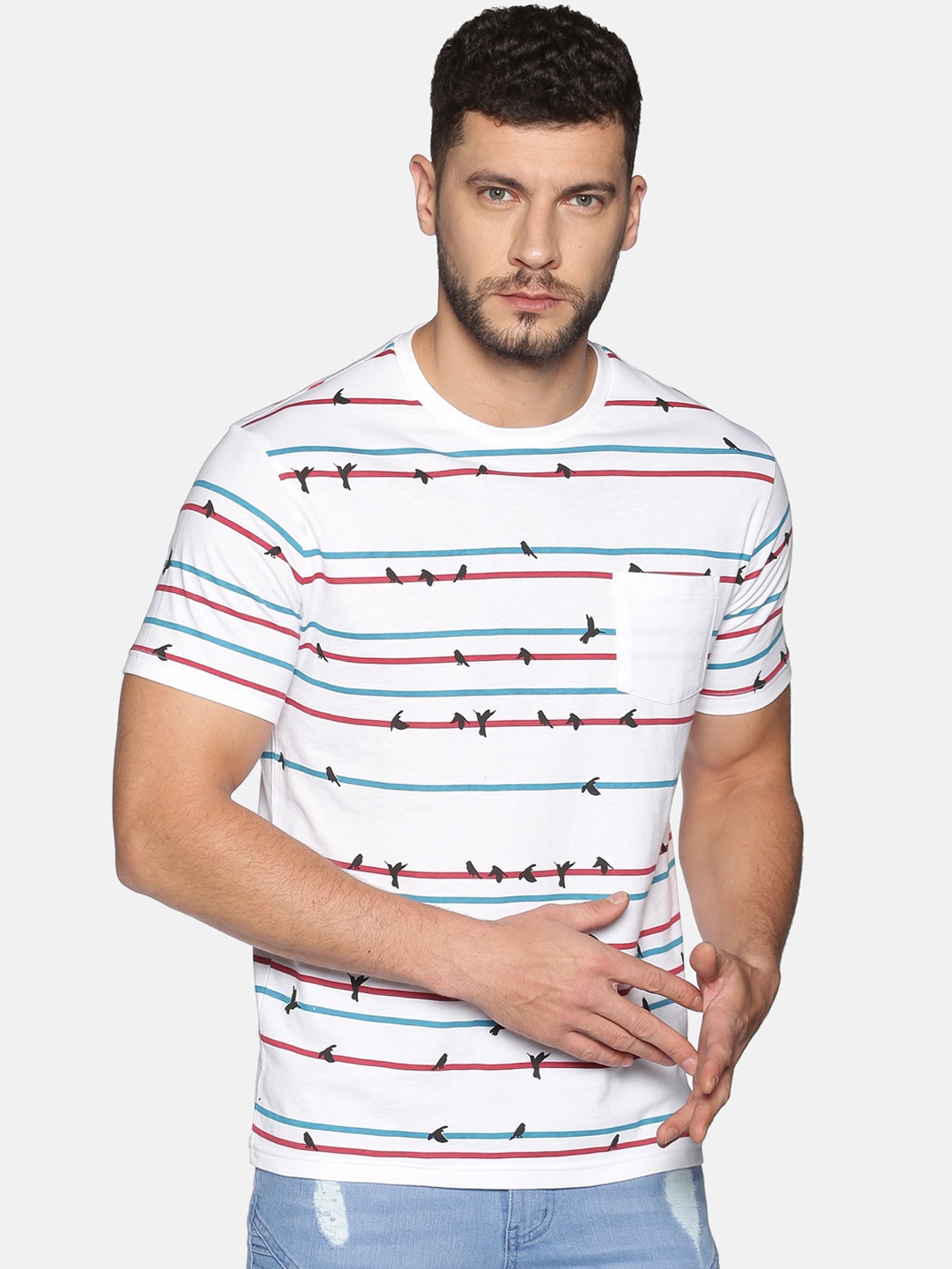 

UrGear Men White Striped Round Neck Cotton Pure Cotton T-shirt