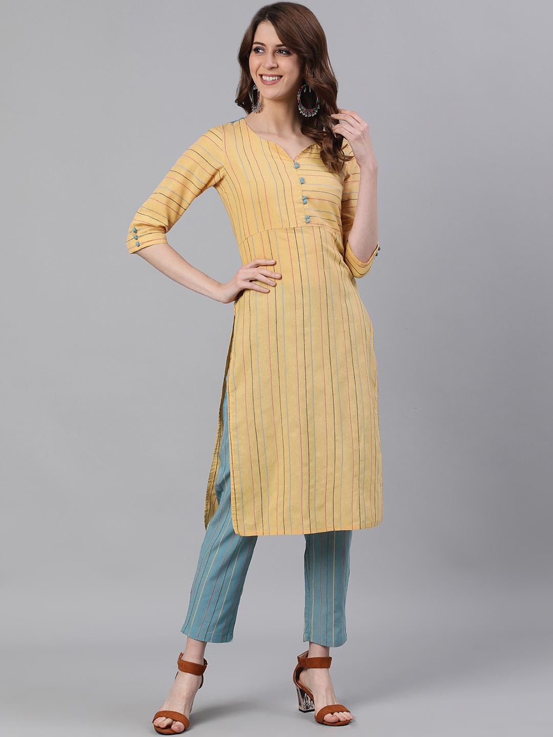 

Jaipur Kurti Women Yellow & Blue Striped Kurta with Trousers