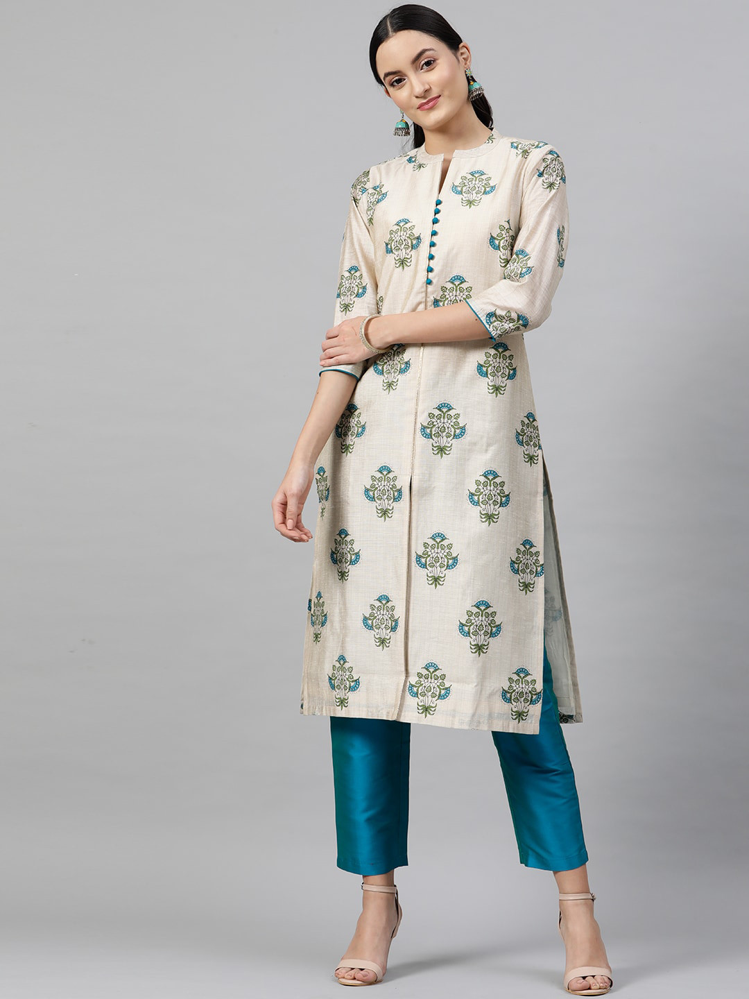 

STREET 9 Women Cream-Coloured Self Design Kurti with Trousers