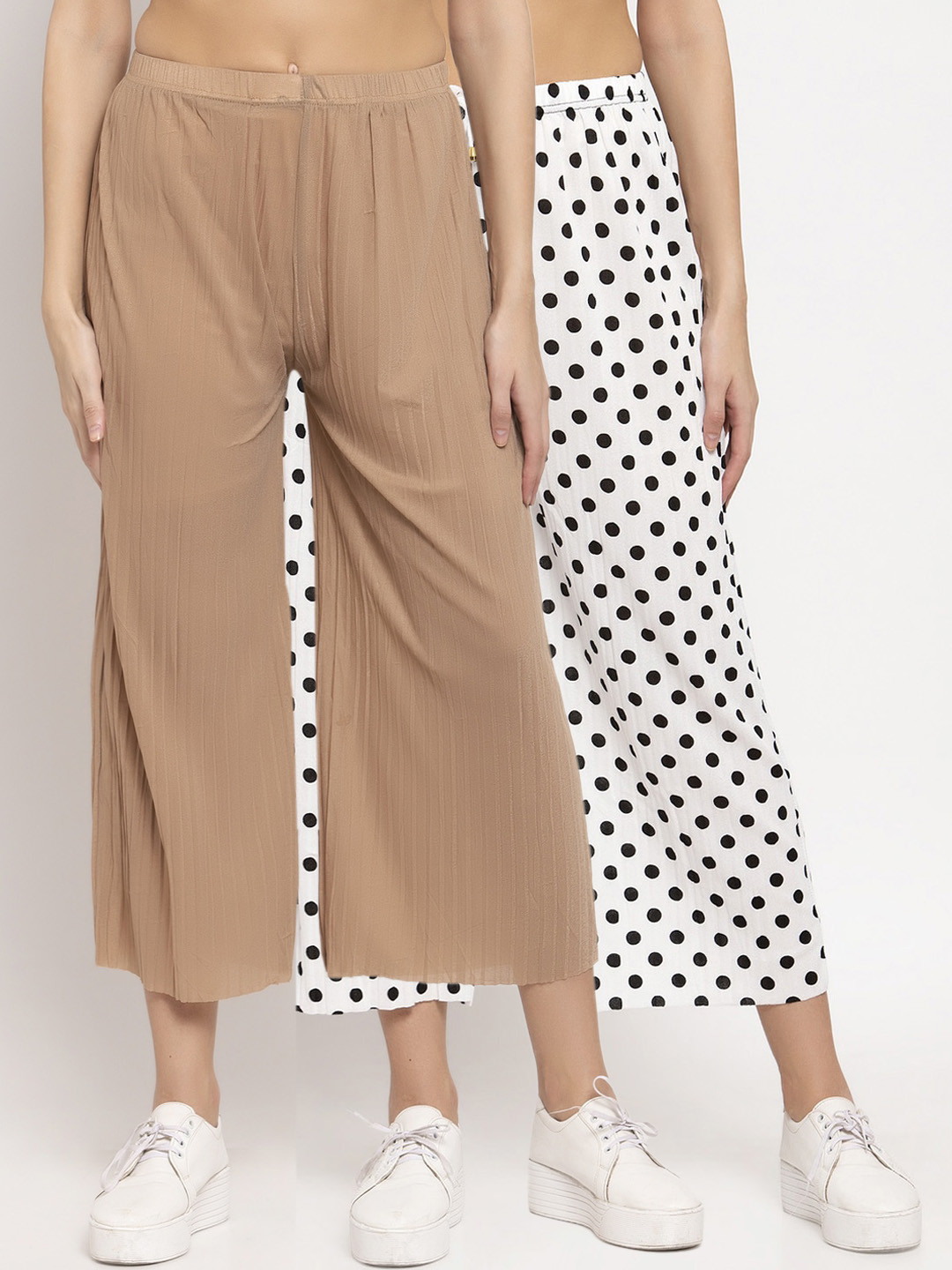 

KLOTTHE Women Pack of 2 Printed Wide Leg Palazzos, Beige