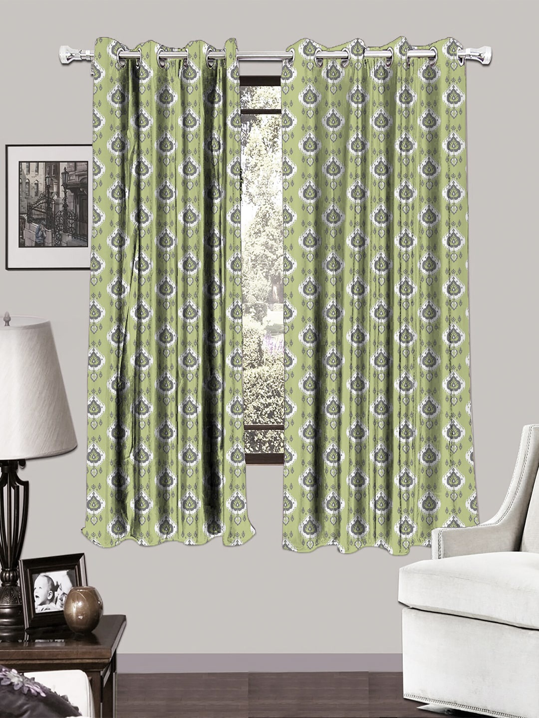 

HOUZZCODE White & Green Set of 2 Ethnic Motifs Printed Black Out Window Curtains