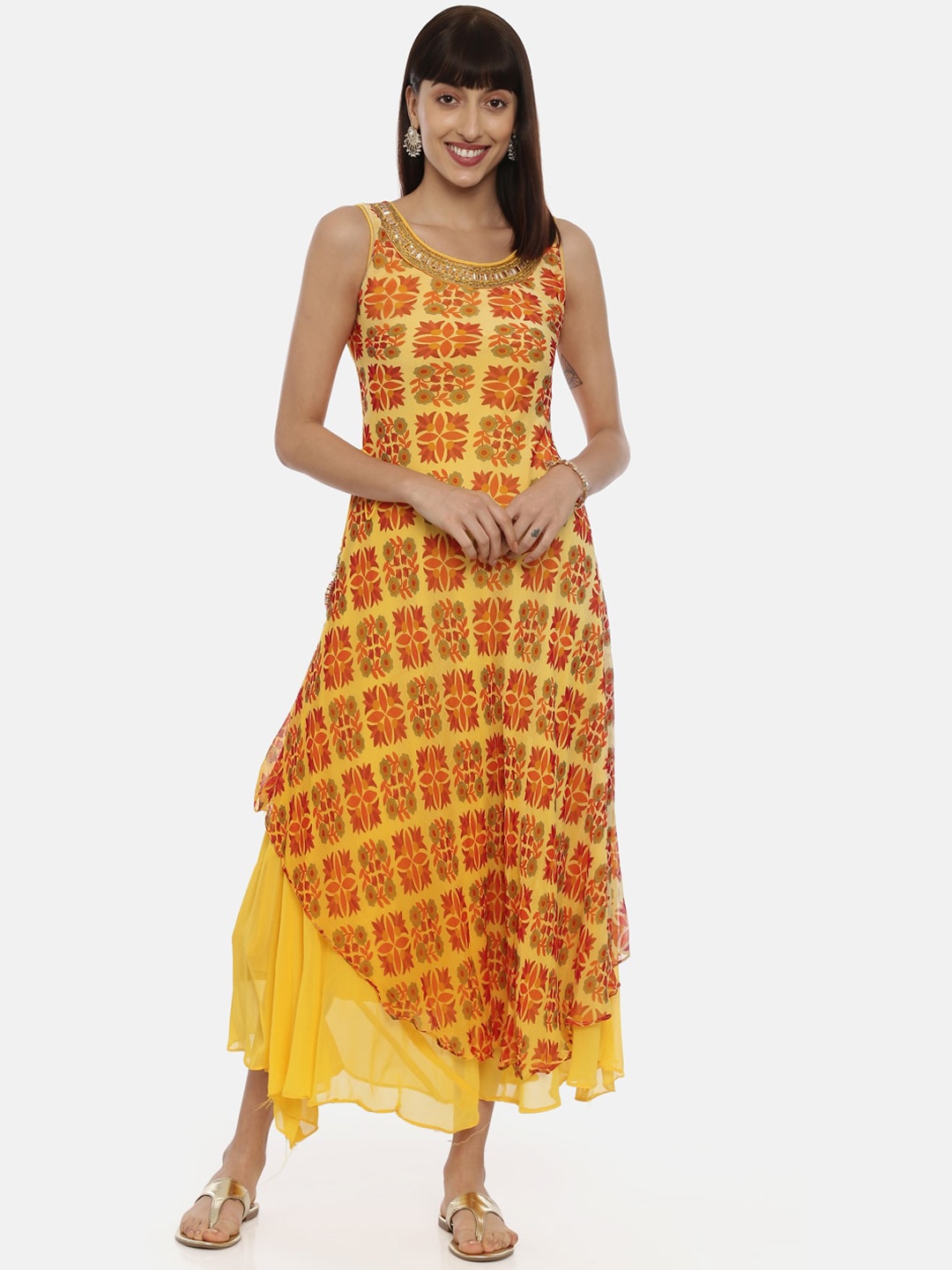 

Neerus Women Yellow Checked Fit and Flare Dress