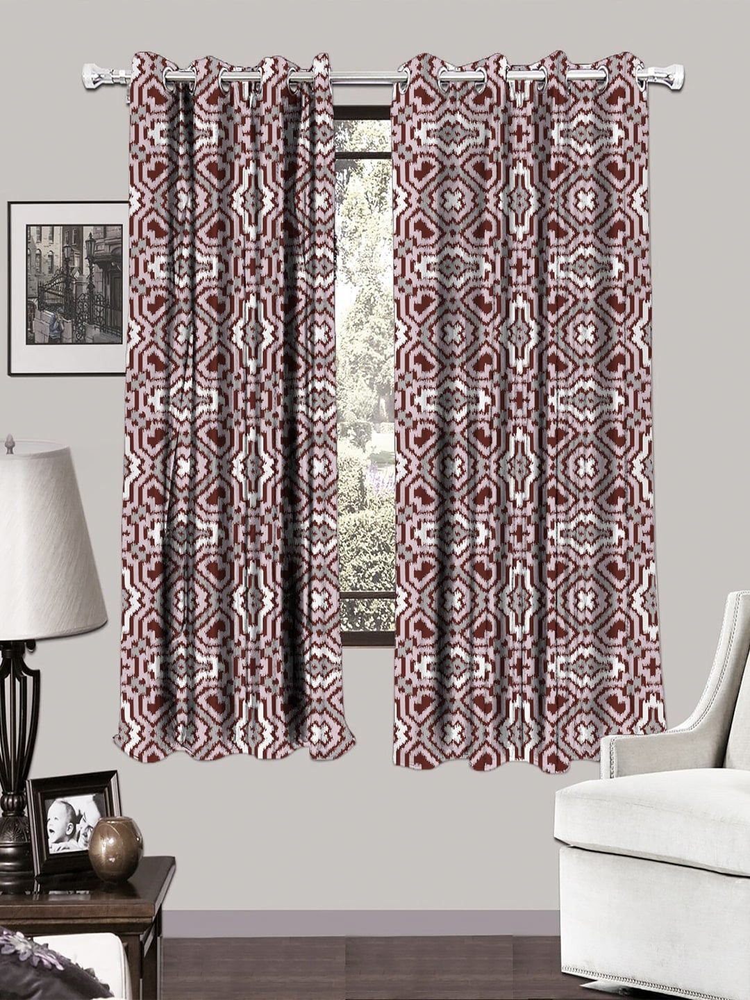 

HOUZZCODE White & Brown Set of 2 Printed Black Out Window Curtains