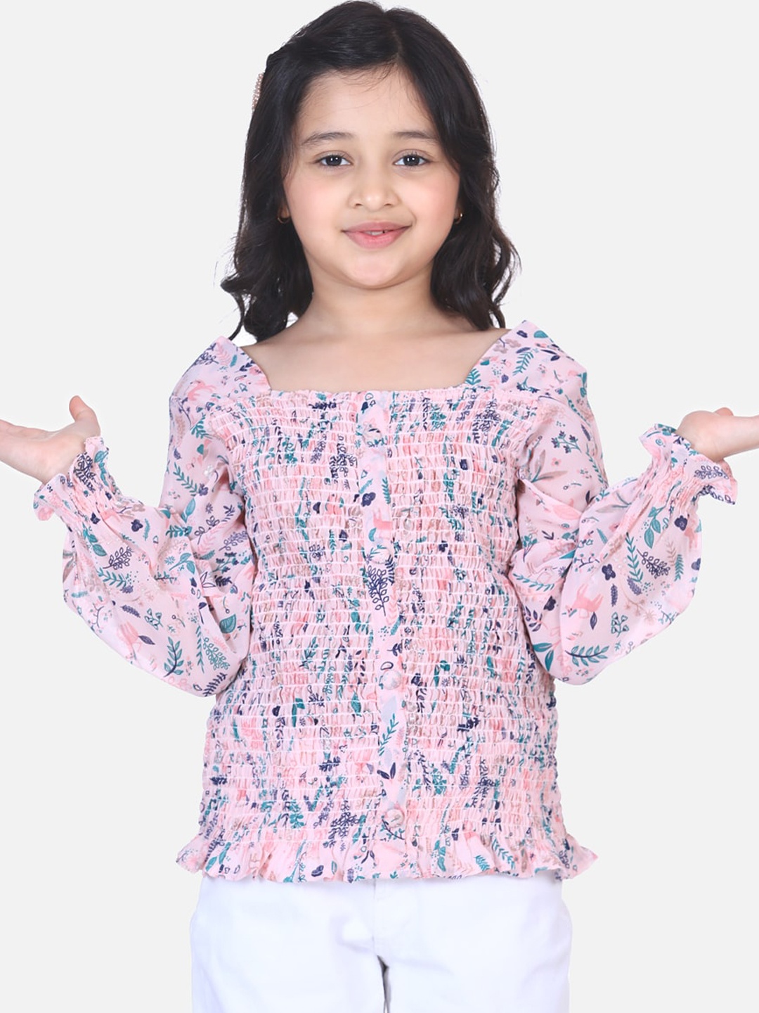 

LilPicks Girls Pink Floral Printed Bishop Sleeves Georgette Top