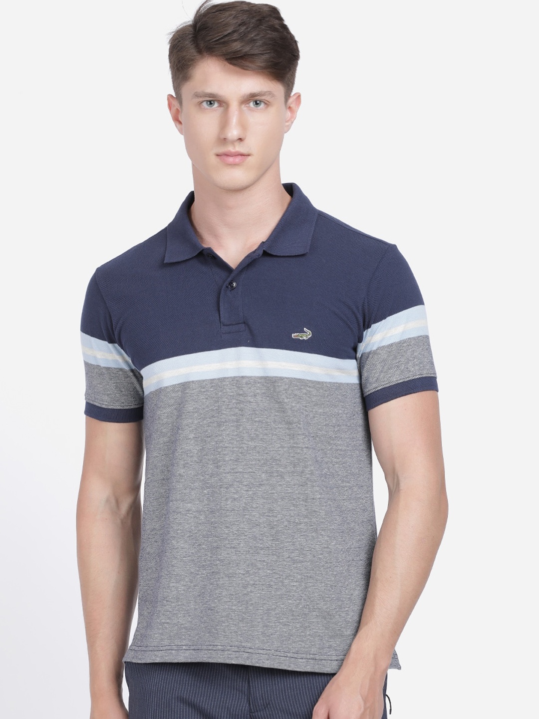 

Crocodile Men Navy Blue Striped Polo Collar T-shirt