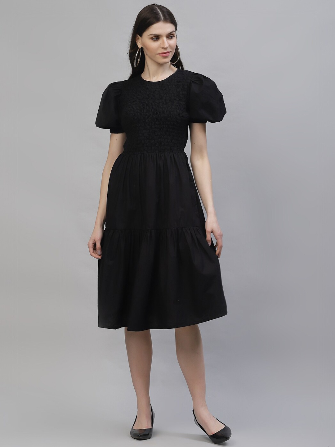 

Athena Women Black Solid Fit and Flare Smocked Tiered Dress