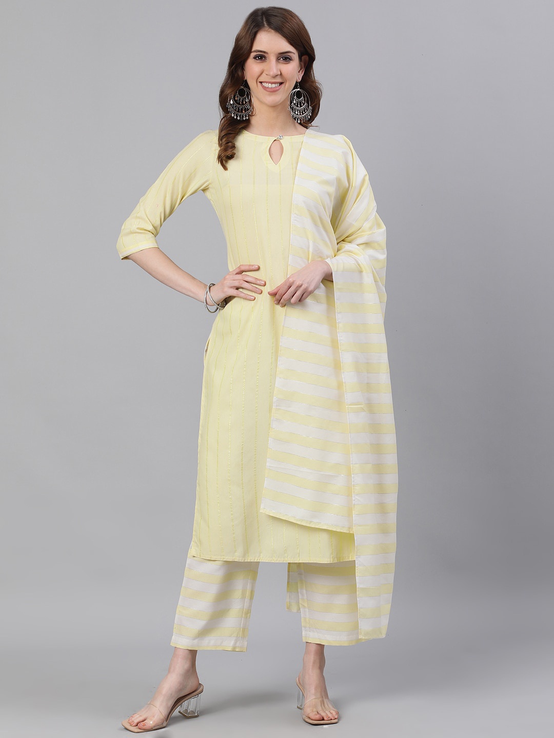 

Jaipur Kurti Women Yellow Striped Kurta with Palazzos & Dupatta