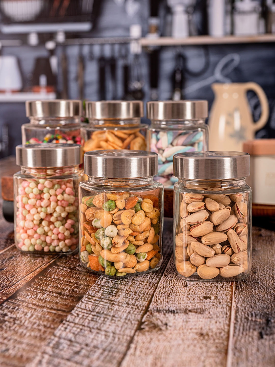 

Roxx Set Of 6 Transparent & Silver-Toned Square Glass Jars With Lids 260ML
