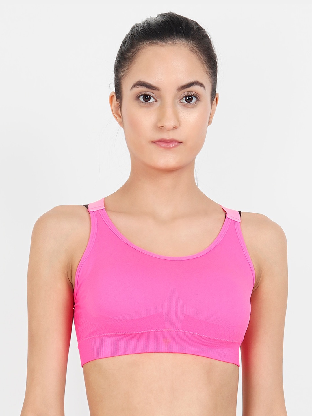 

Lebami Pink & Black Solid Non-Wired Removable Padding Workout Bra 1583_Hot Pink_30C