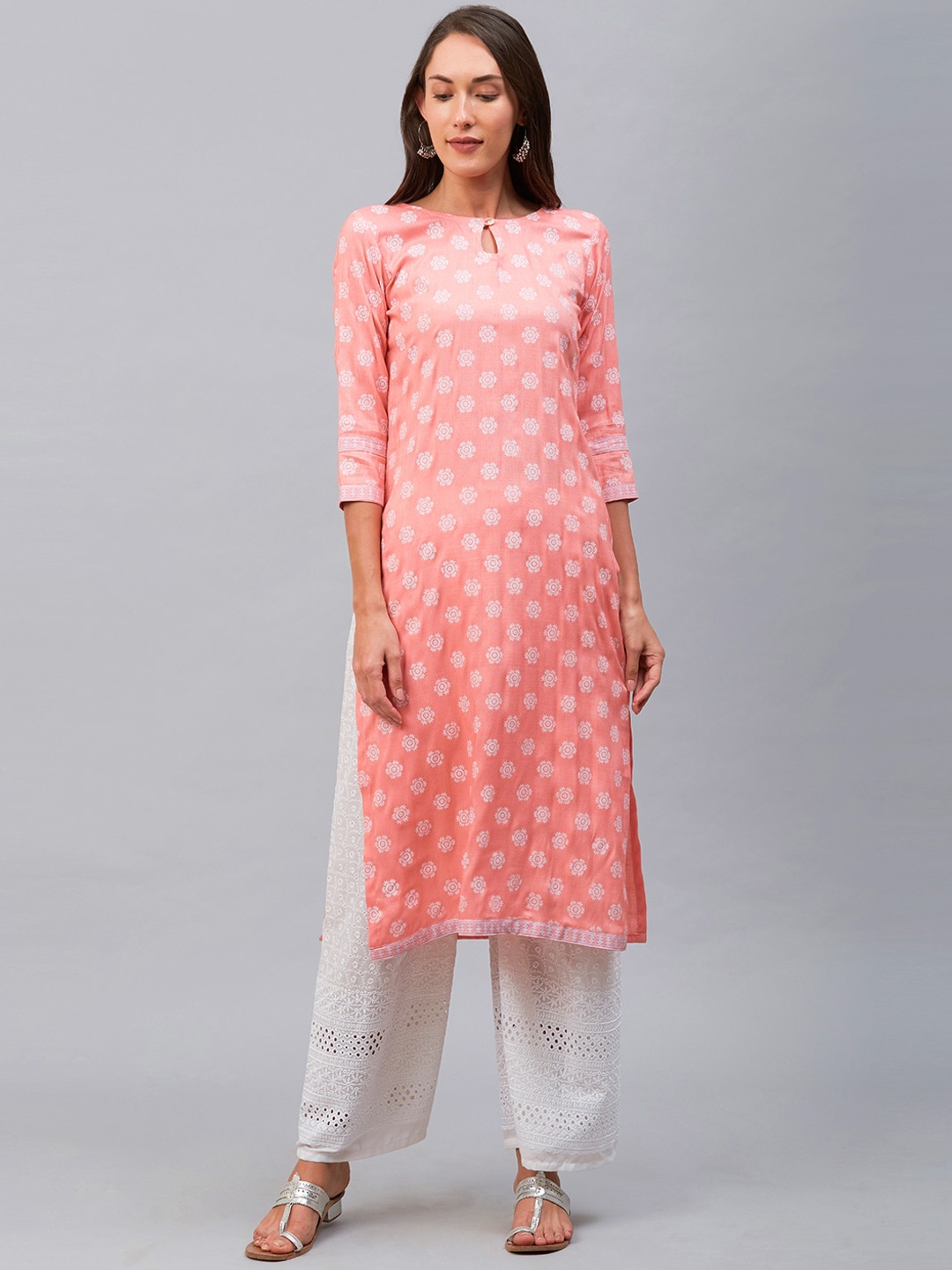 

SANISA Women Peach-Coloured Ethnic Motifs Printed Keyhole Neck Kurta