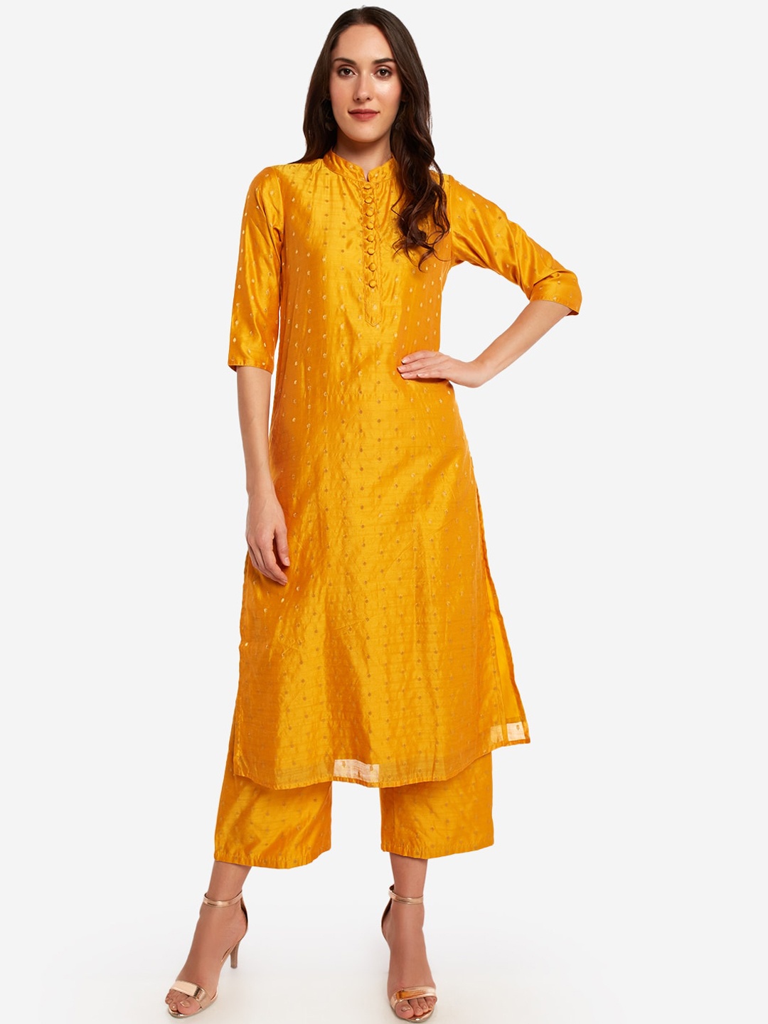 

Desi Weavess Women Mustard Yellow Thread Work Straight Kurta