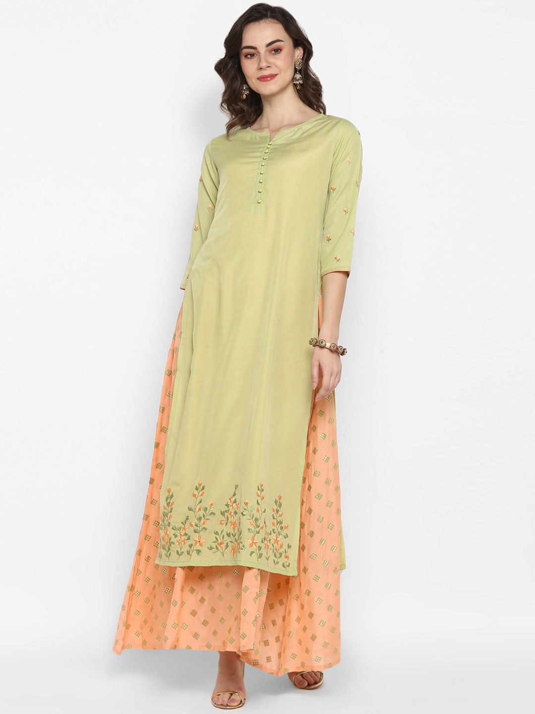 

Janasya Women Peach-Coloured & Green Printed Layered Maxi Dress