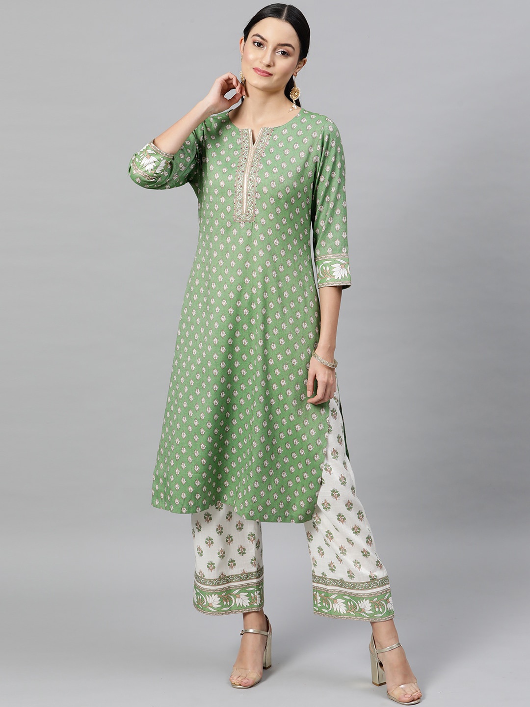 

STREET 9 Women Green & White Printed Kurta with Trousers