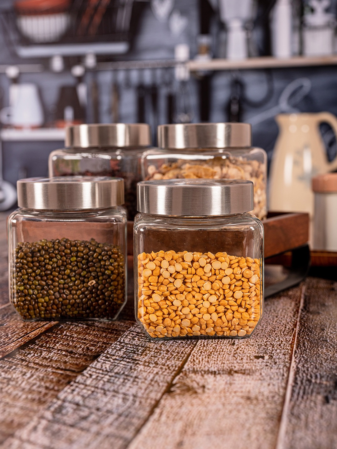 

Roxx Set Of 4 Transparent & Silver-Toned Square Jars With Lids