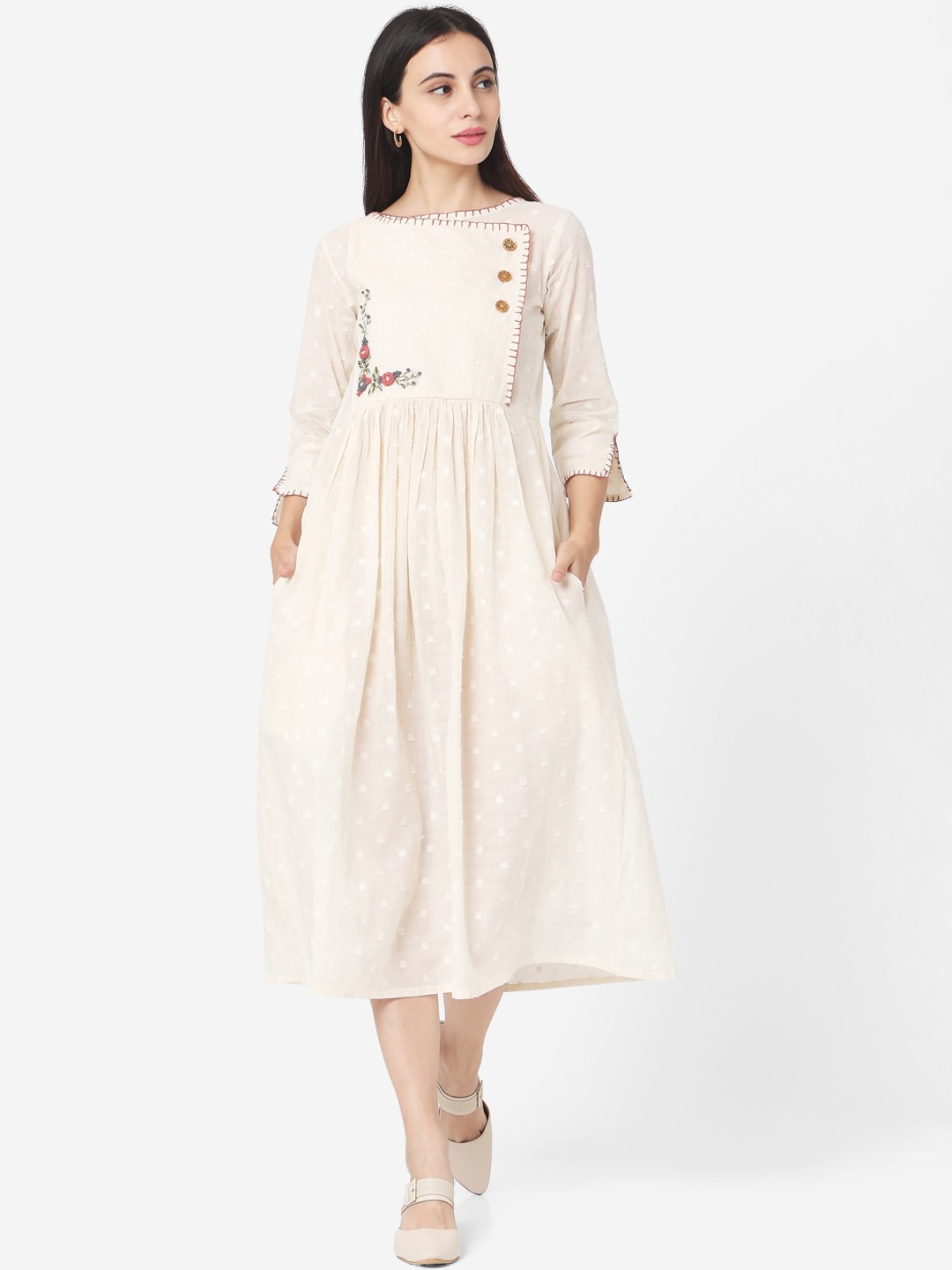 

Saanjh Women Off-White Self Design Fit and Flare Dress
