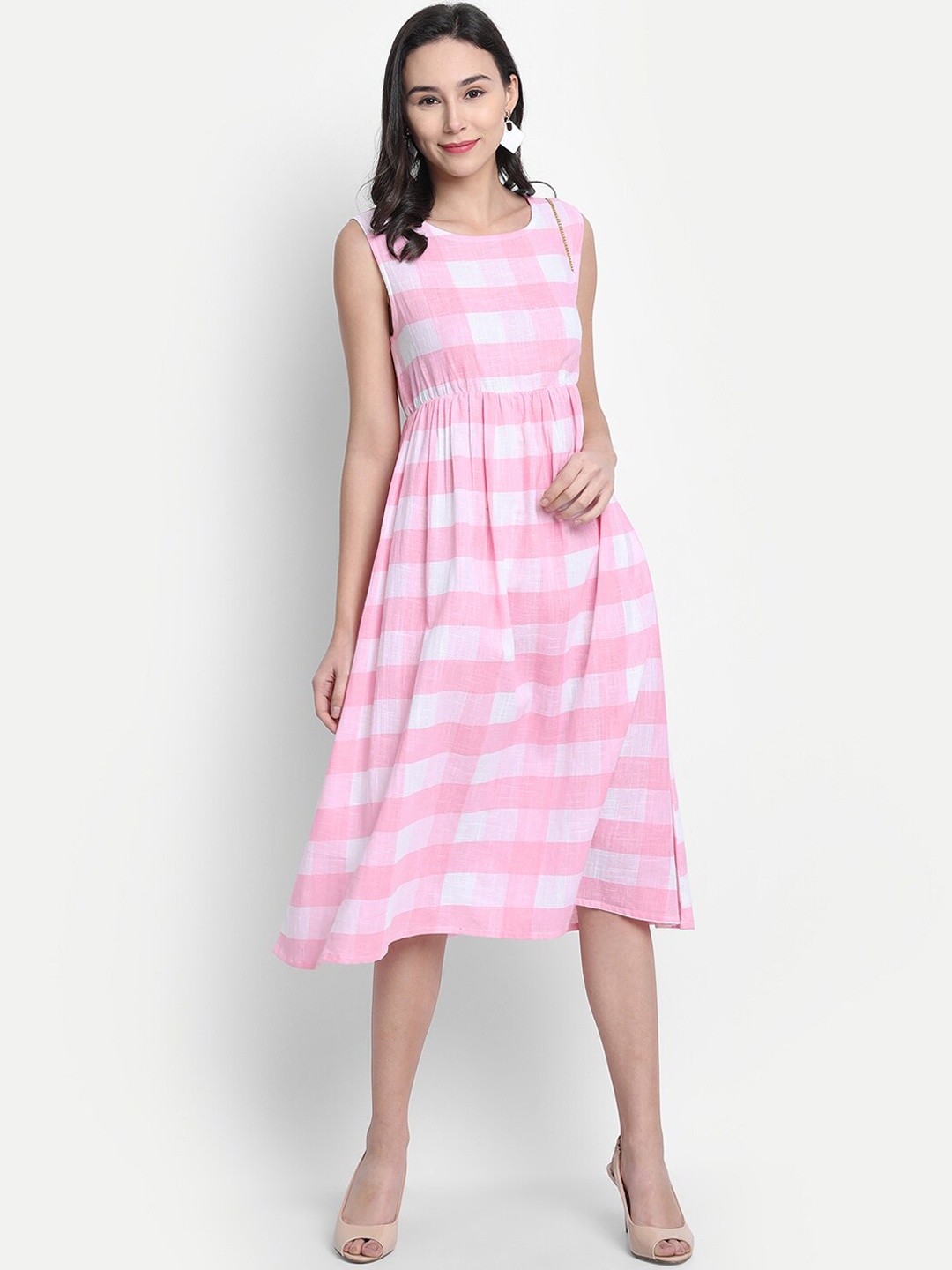 

Janasya Women Pink Checked Fit and Flare Dress
