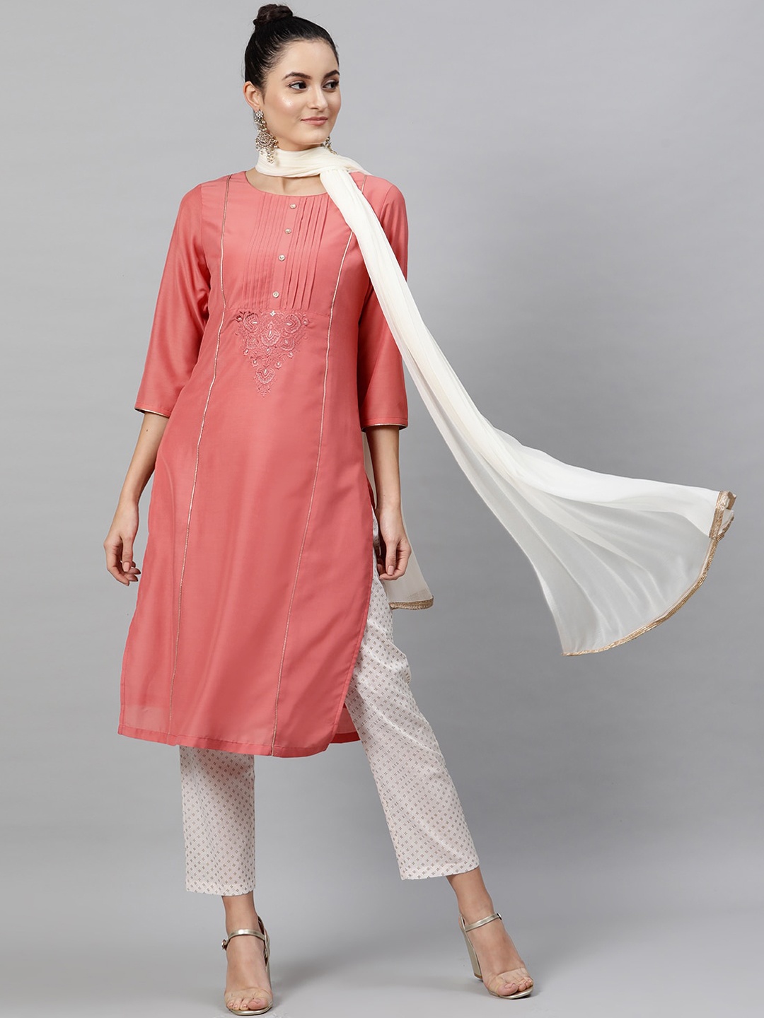 

STREET 9 Women Coral Pink & White Solid Kurta with Trousers & Dupatta