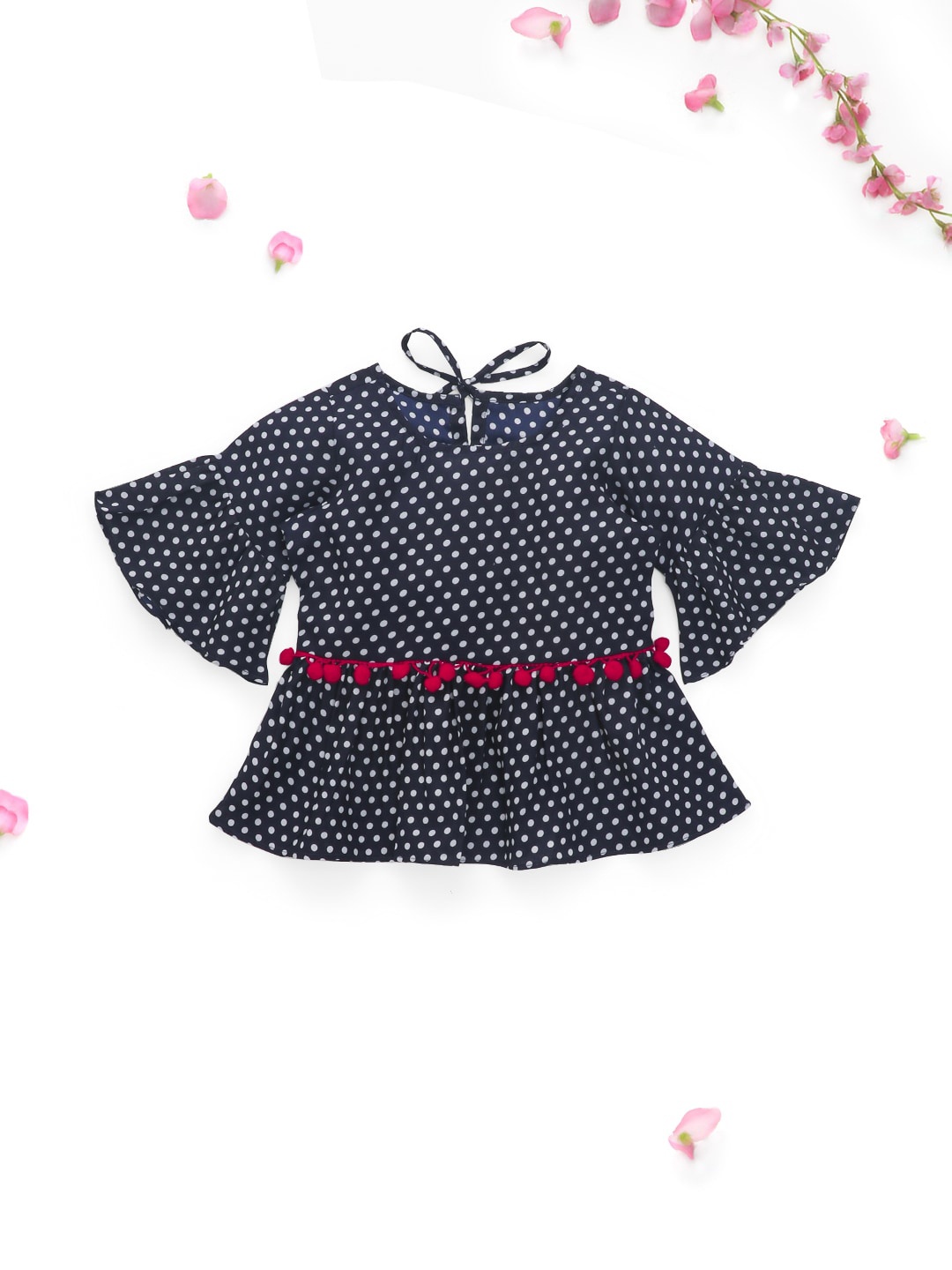 

The Magic Wand Girls Navy Blue Printed Bell Sleeves Crepe Peplum Top