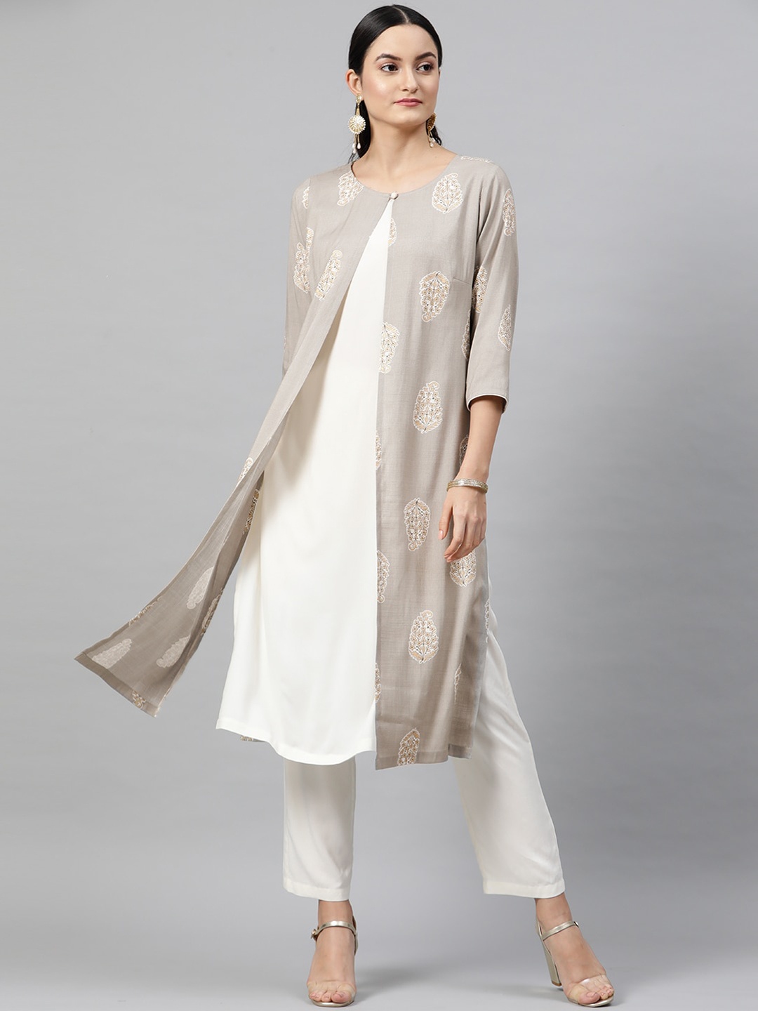 

STREET 9 Women Grey & White Printed Kurta with Trousers