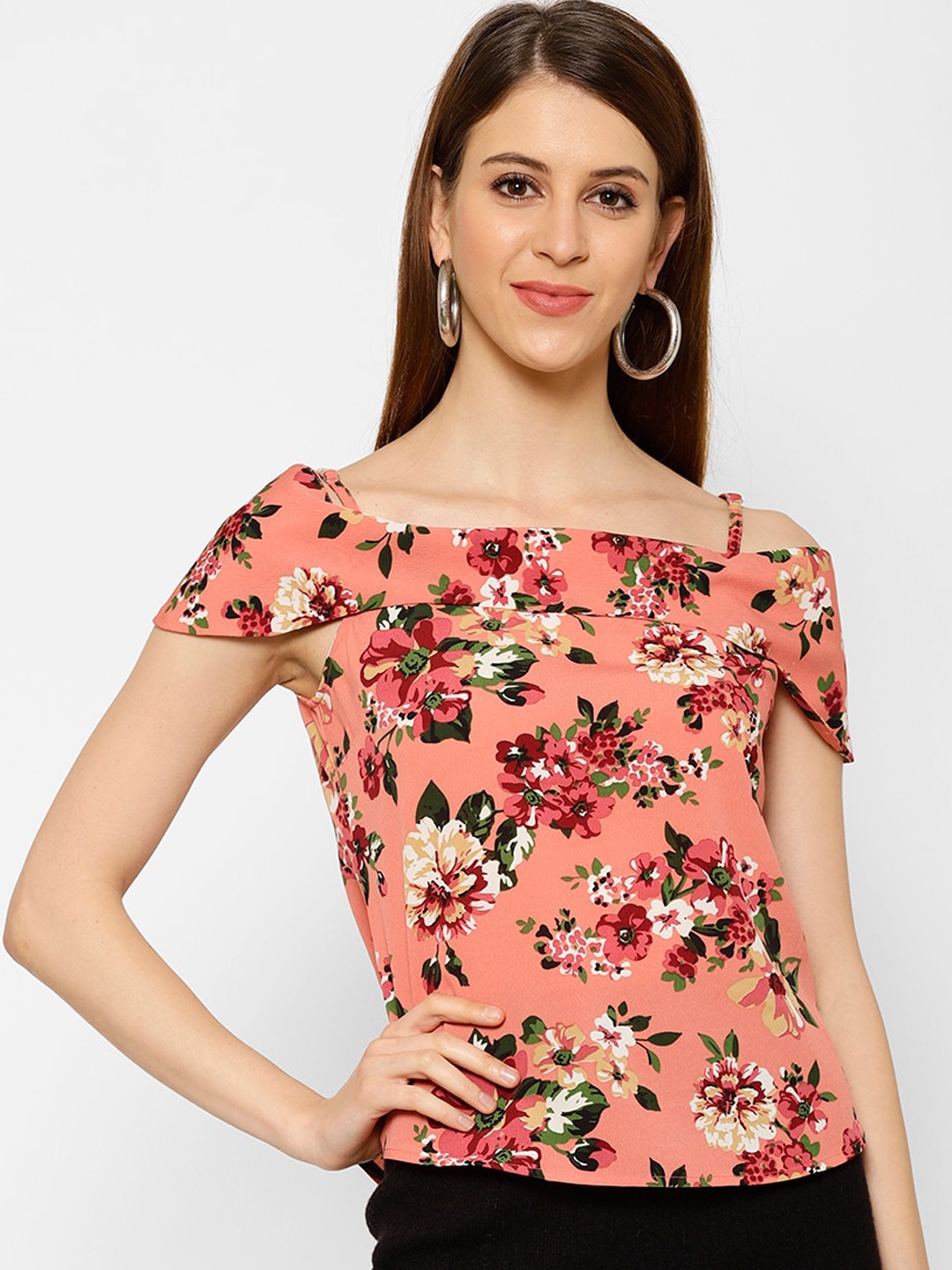 

KASSUALLY Peach-Coloured Floral Printed Cold-Shoulder Sleeves Georgette Top