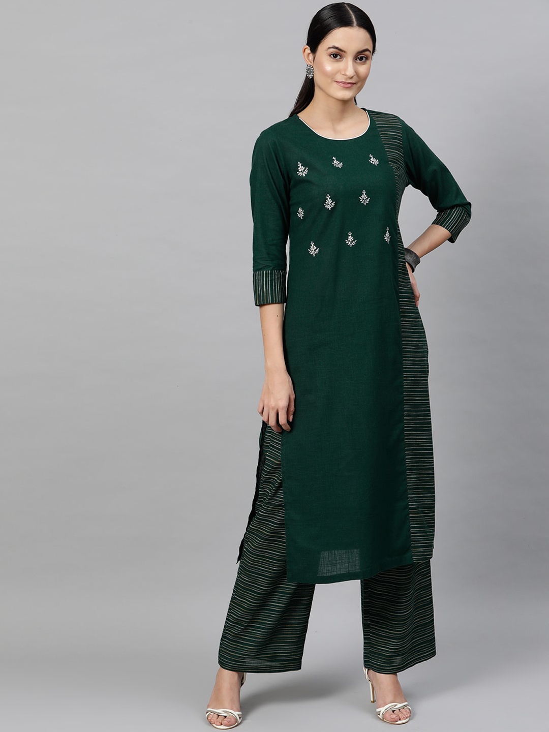 

STREET 9 Women Green & Gold-Toned Embroidered Kurta with Palazzos