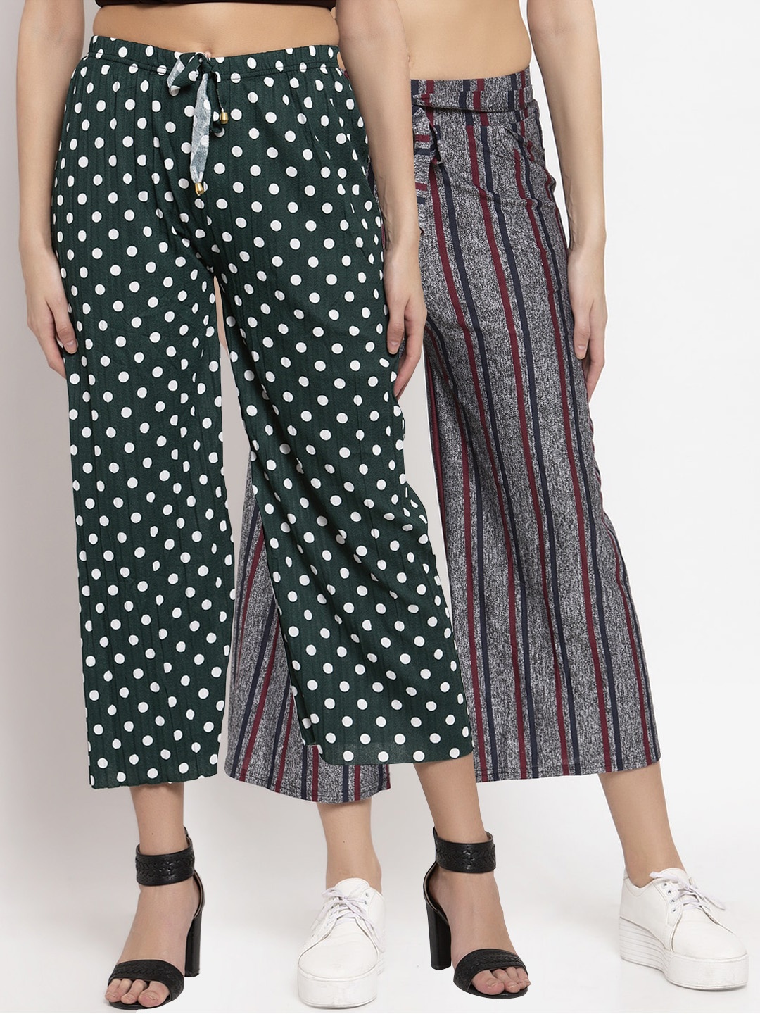 

KLOTTHE Women Pack of 2 Striped Wide Leg Palazzos, Green