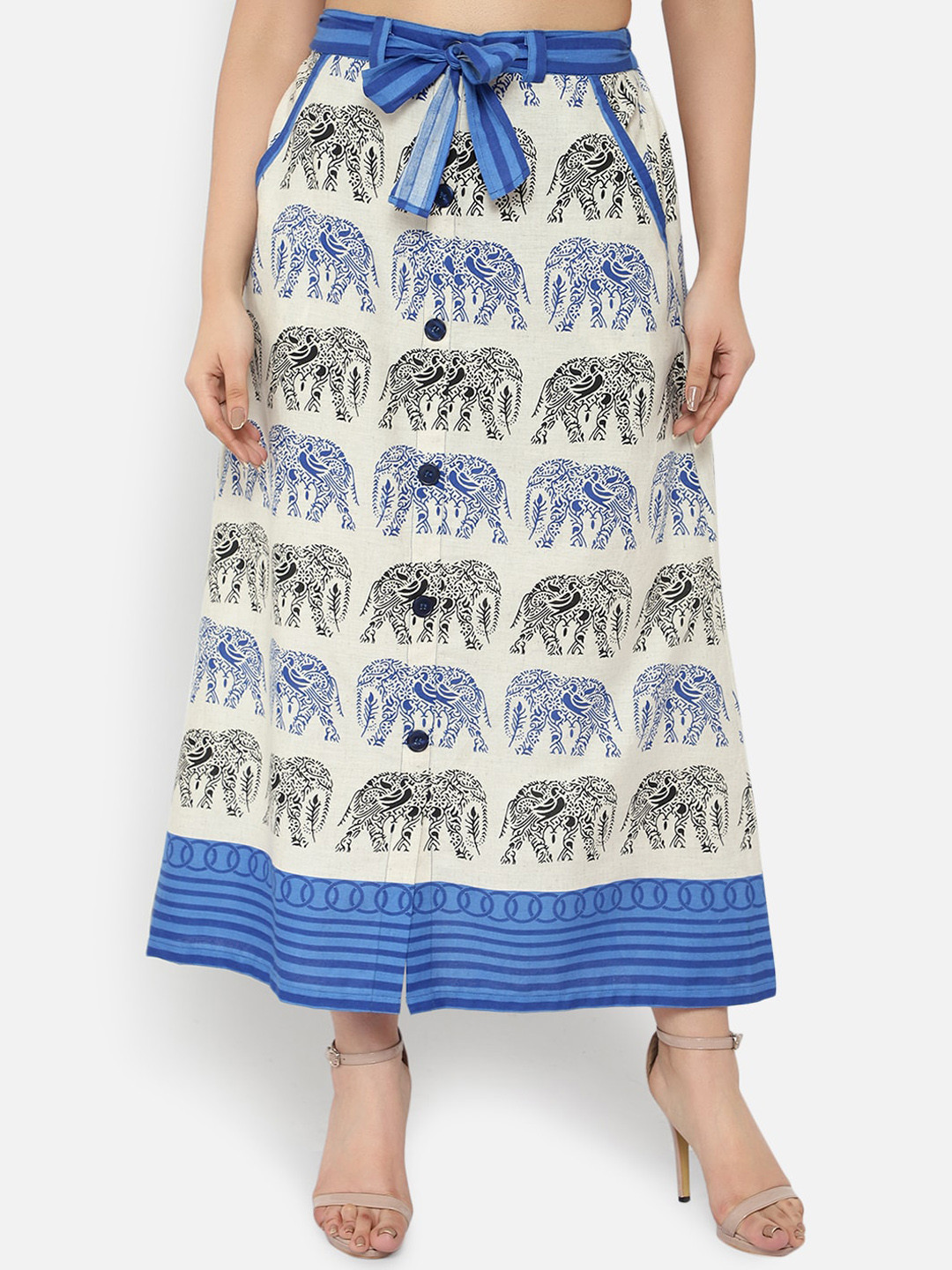 

Ayaany Women Off-White & Blue Ethnic Motif Printed A-Line Midi Skirt
