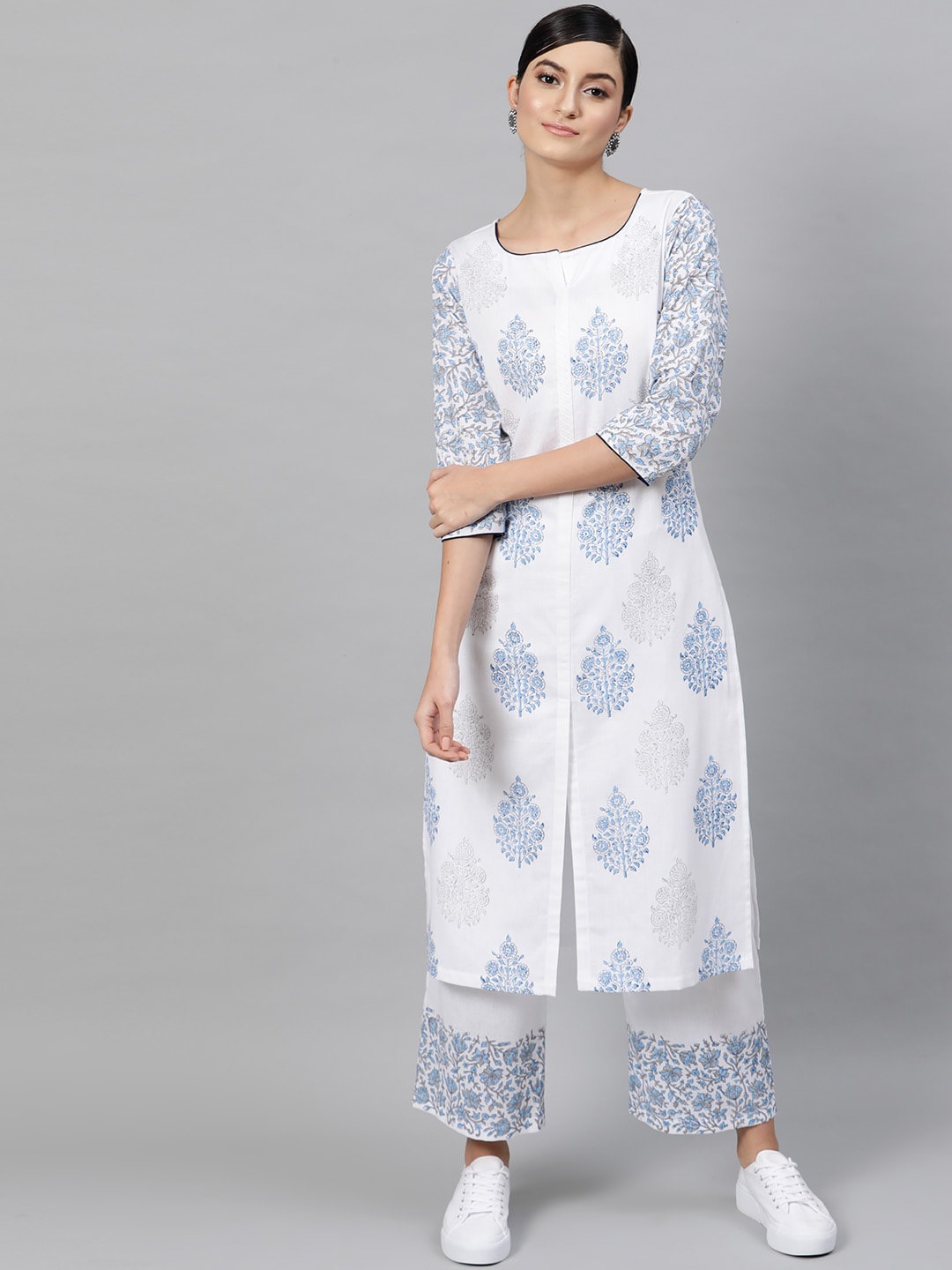 

STREET 9 Women White & Blue Printed Kurta with Palazzos