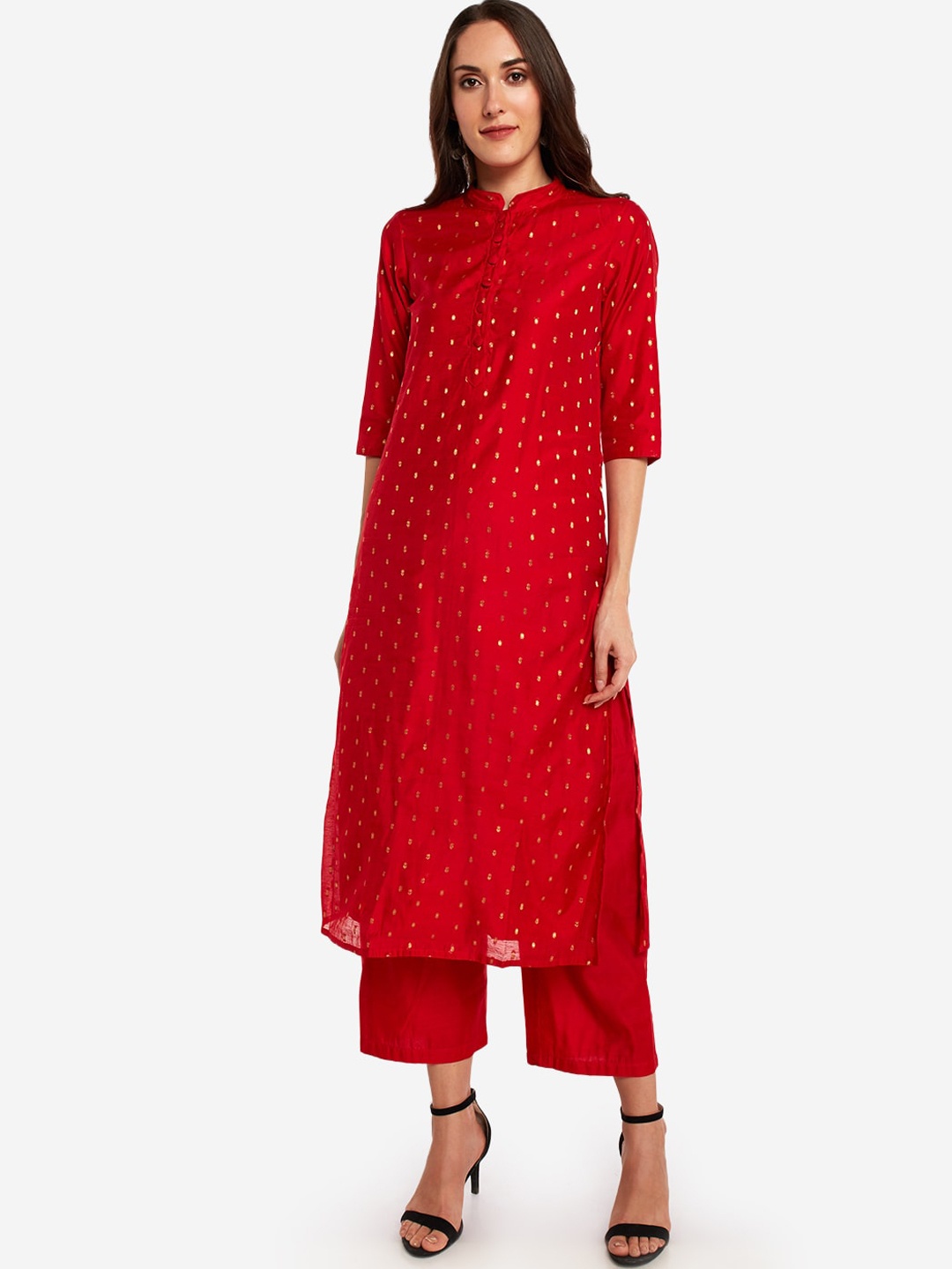 

Desi Weavess Women Red Geometric Thread Work Kurta